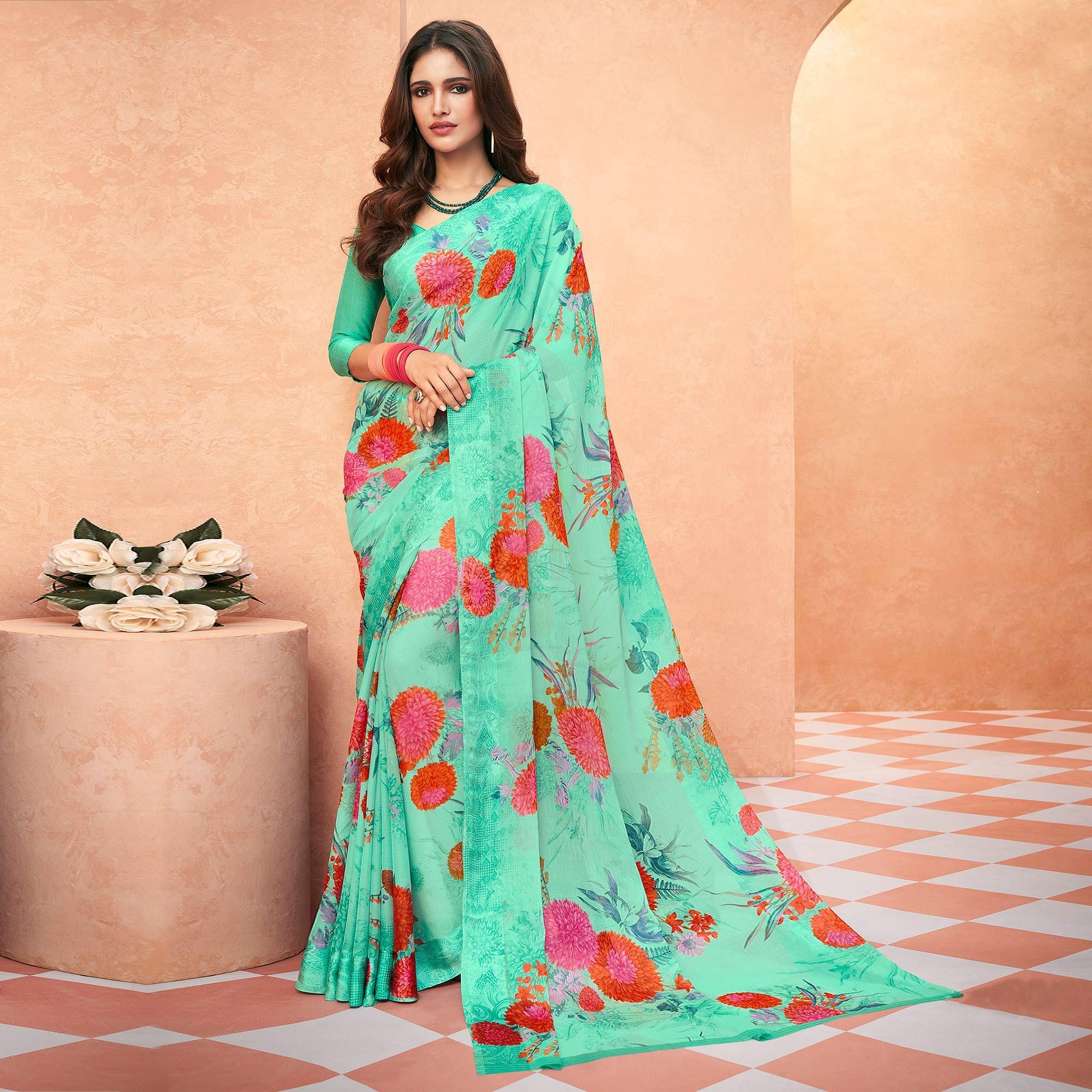 Pista Green Casual Wear Floral Printed Chiffon Saree - Peachmode