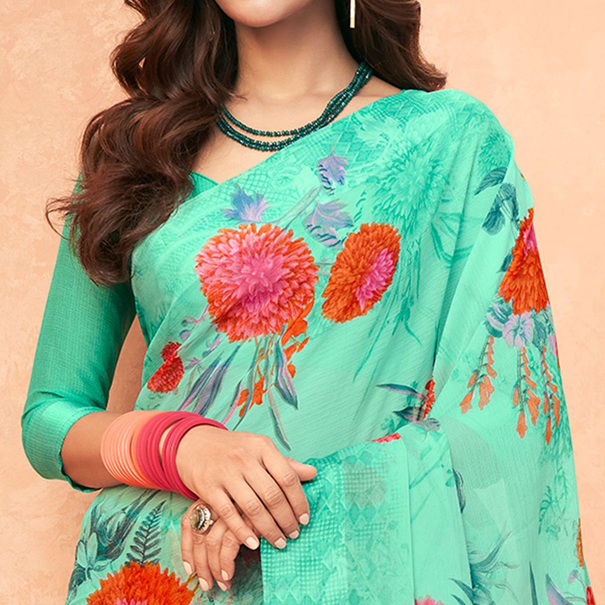 Pista Green Casual Wear Floral Printed Chiffon Saree - Peachmode