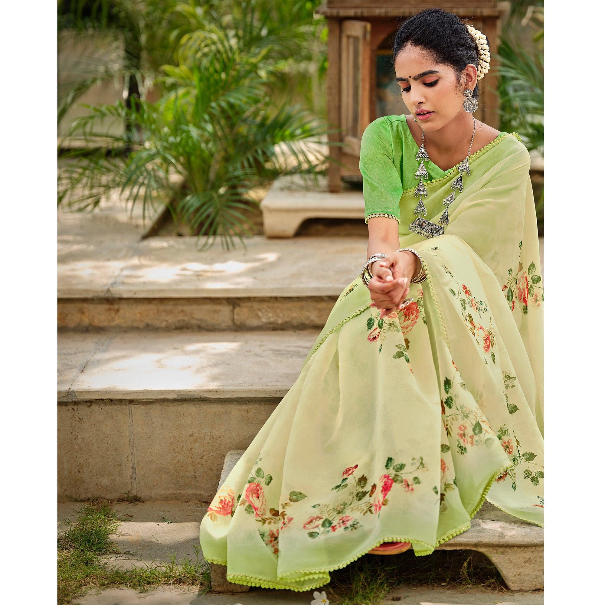 Pista Green Casual Wear Floral Printed Heavy Organza Silk Saree - Peachmode
