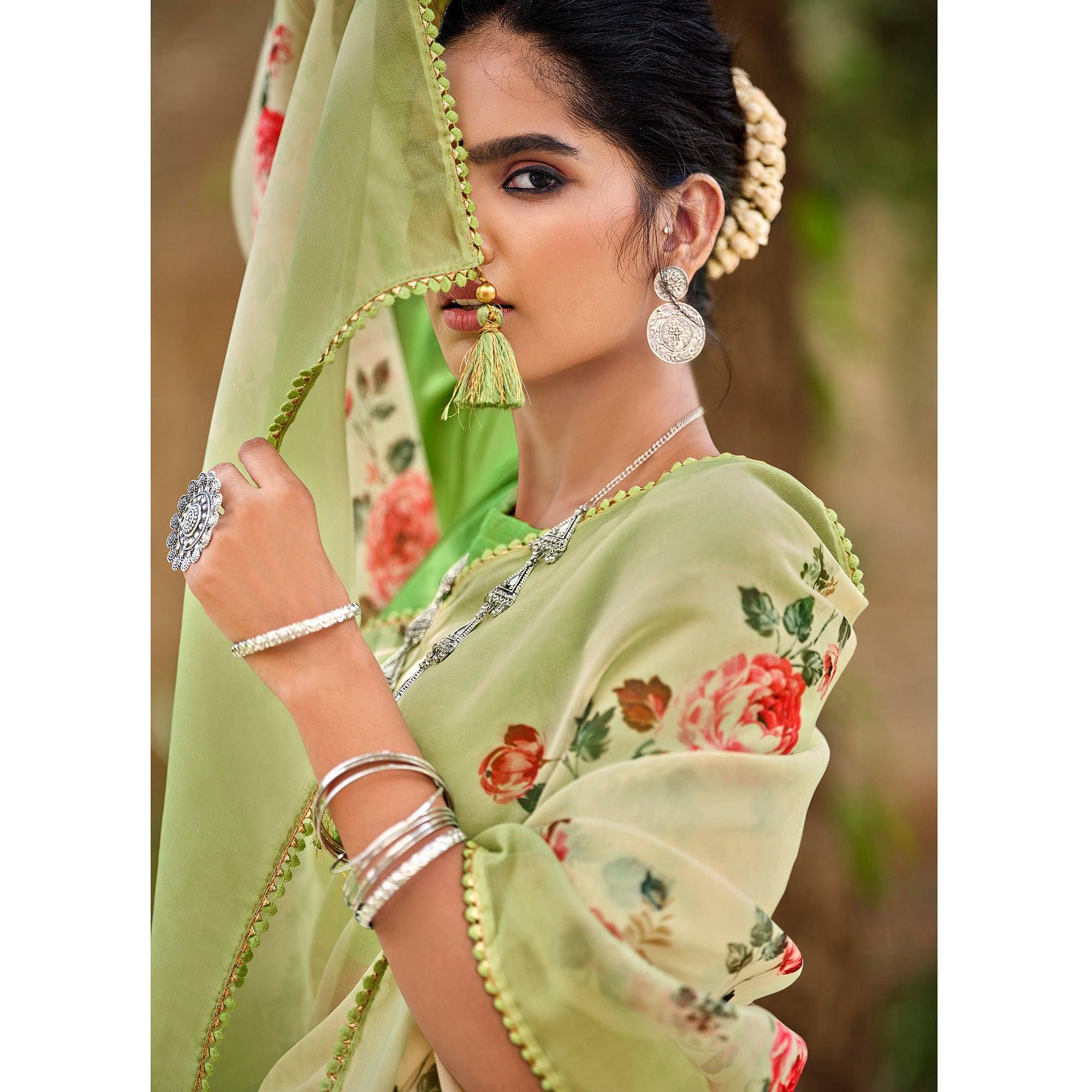 Pista Green Casual Wear Floral Printed Heavy Organza Silk Saree - Peachmode