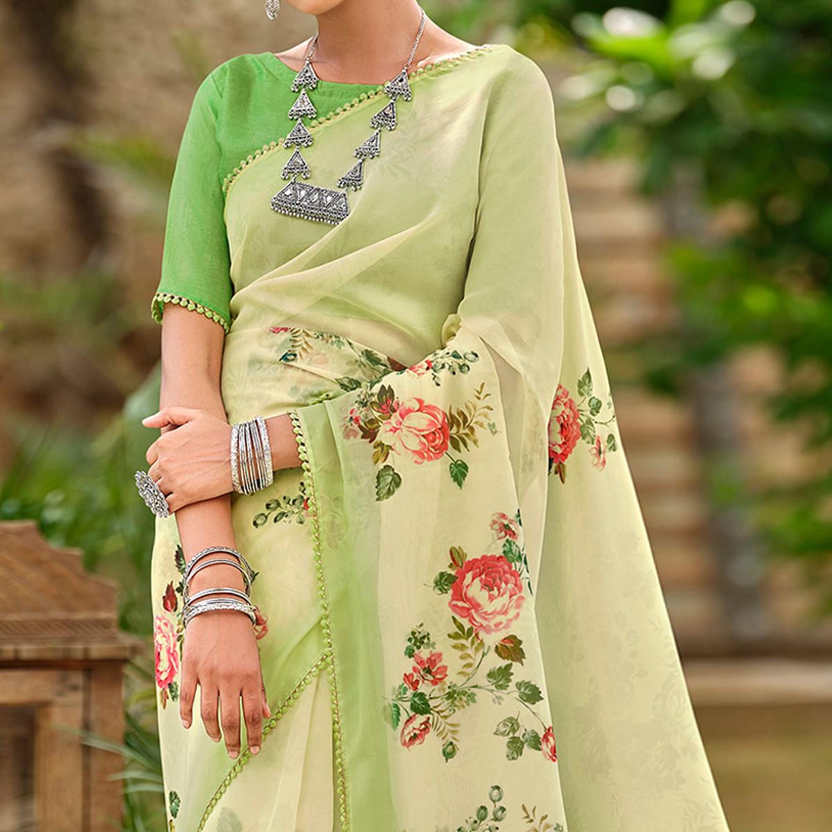 Pista Green Casual Wear Floral Printed Heavy Organza Silk Saree - Peachmode