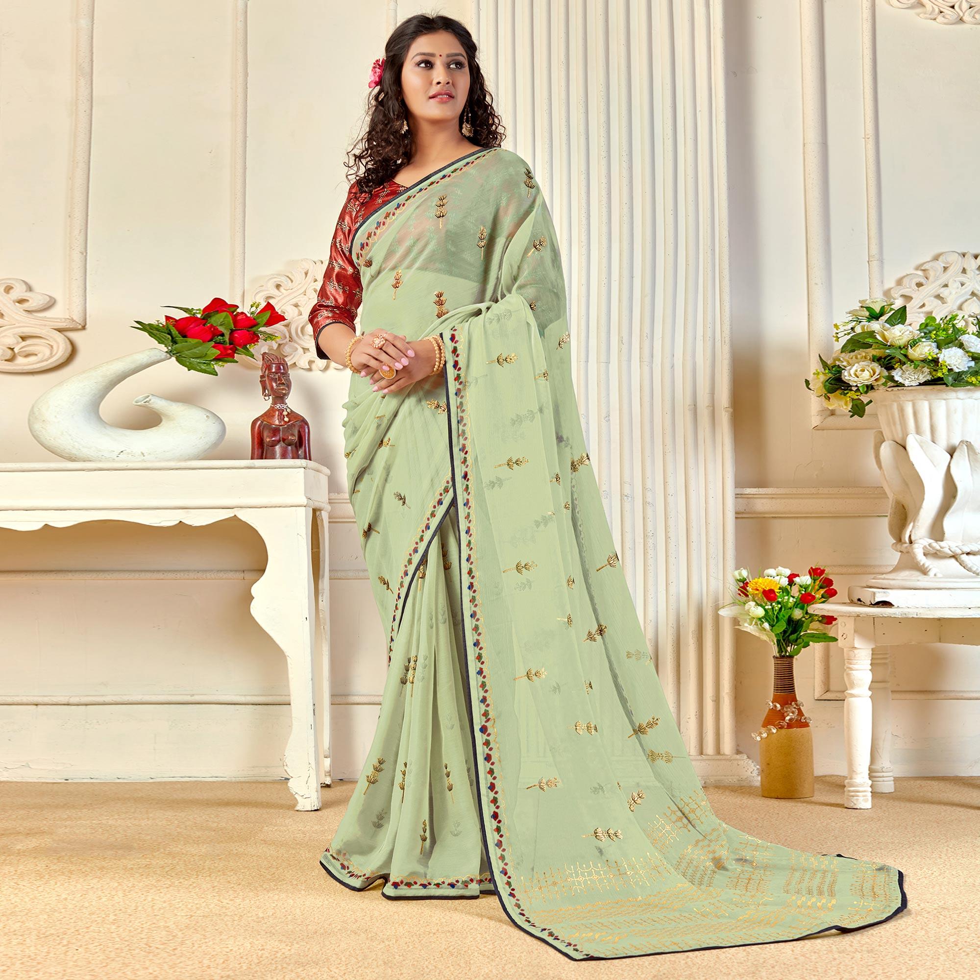 Pista Green Casual Wear Foil Printed Pure Chiffon Saree - Peachmode