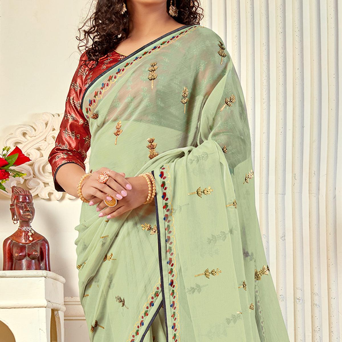 Pista Green Casual Wear Foil Printed Pure Chiffon Saree - Peachmode