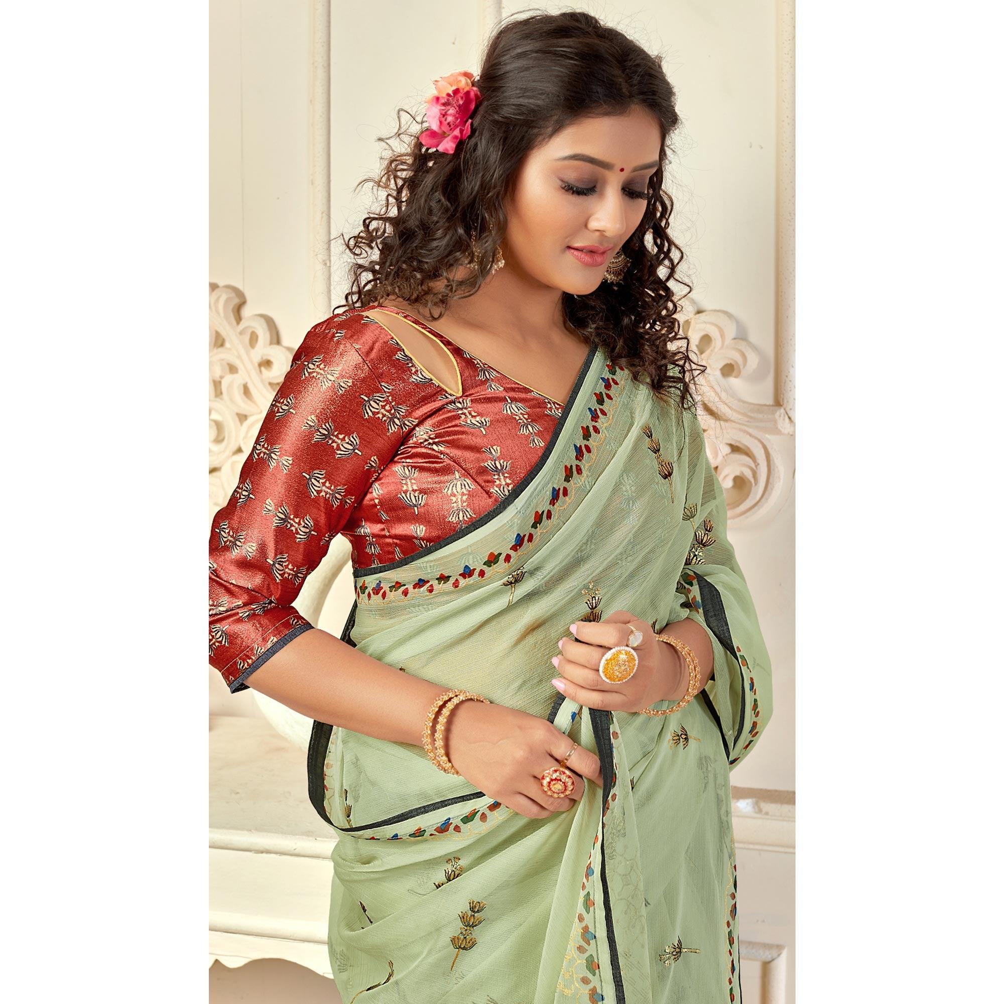 Pista Green Casual Wear Foil Printed Pure Chiffon Saree - Peachmode