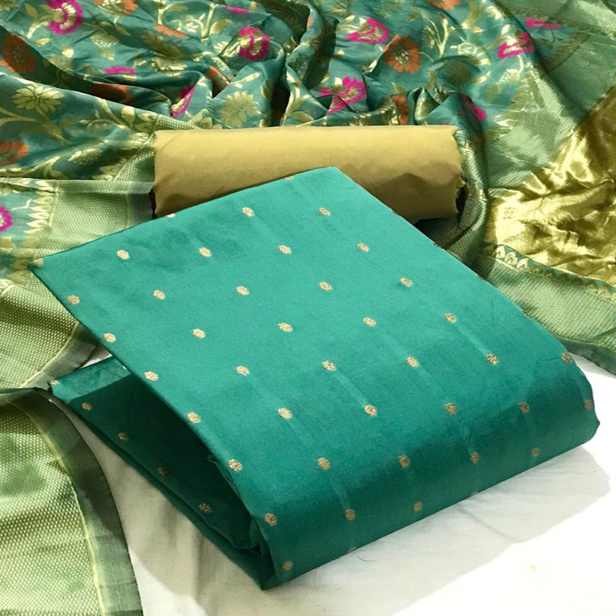 Pista Green Casual Wear Woven Banarasi Silk Dress Material - Peachmode