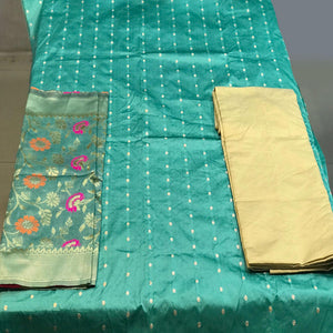 Pista Green Casual Wear Woven Banarasi Silk Dress Material - Peachmode