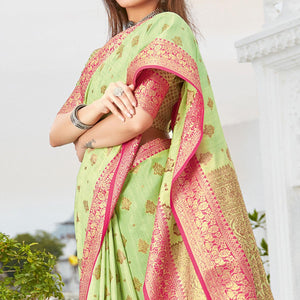 Pista Green Casual Wear Woven Cotton Handloom Saree - Peachmode