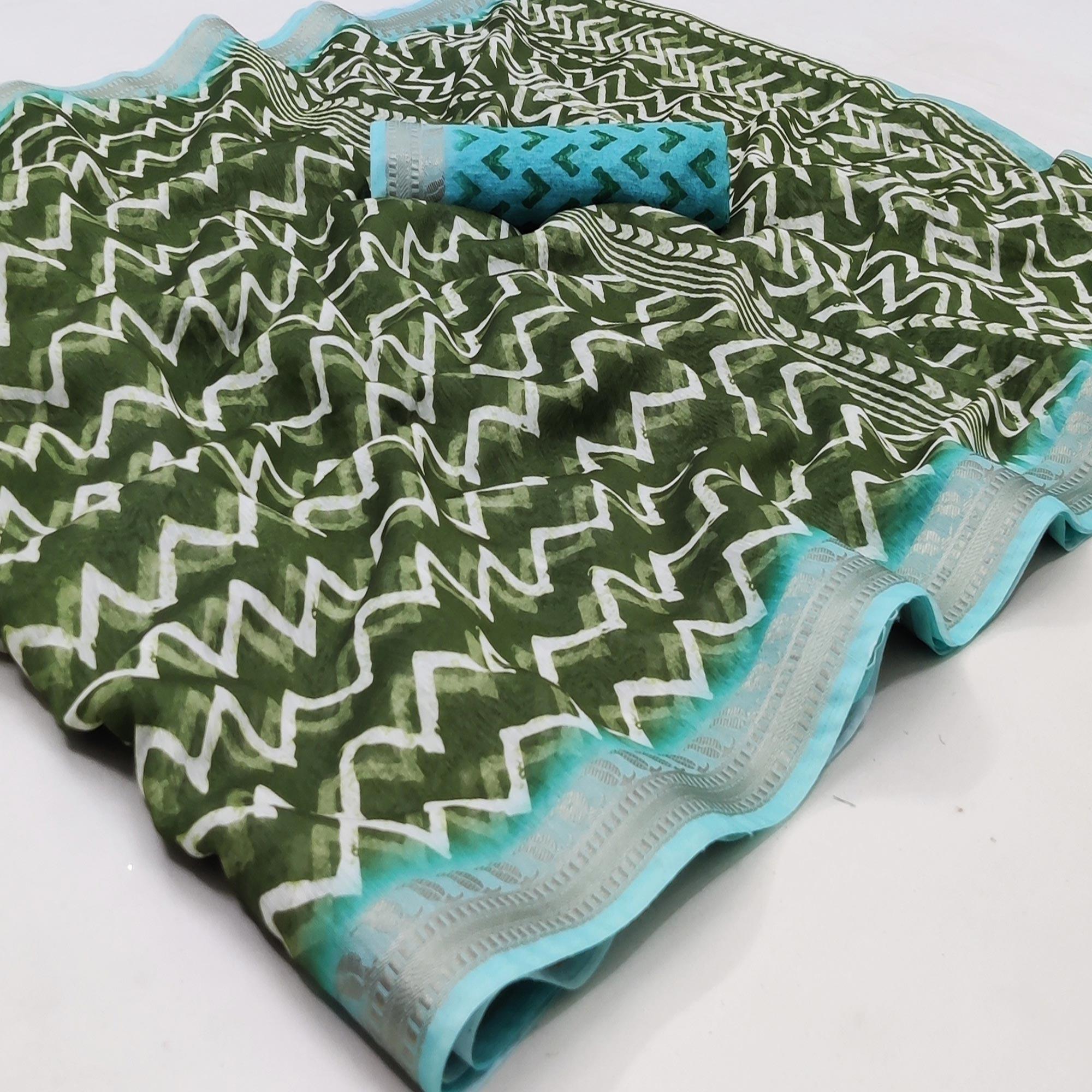 Pista Green Casual Wear Zigzag Digital Printed Linen Saree - Peachmode