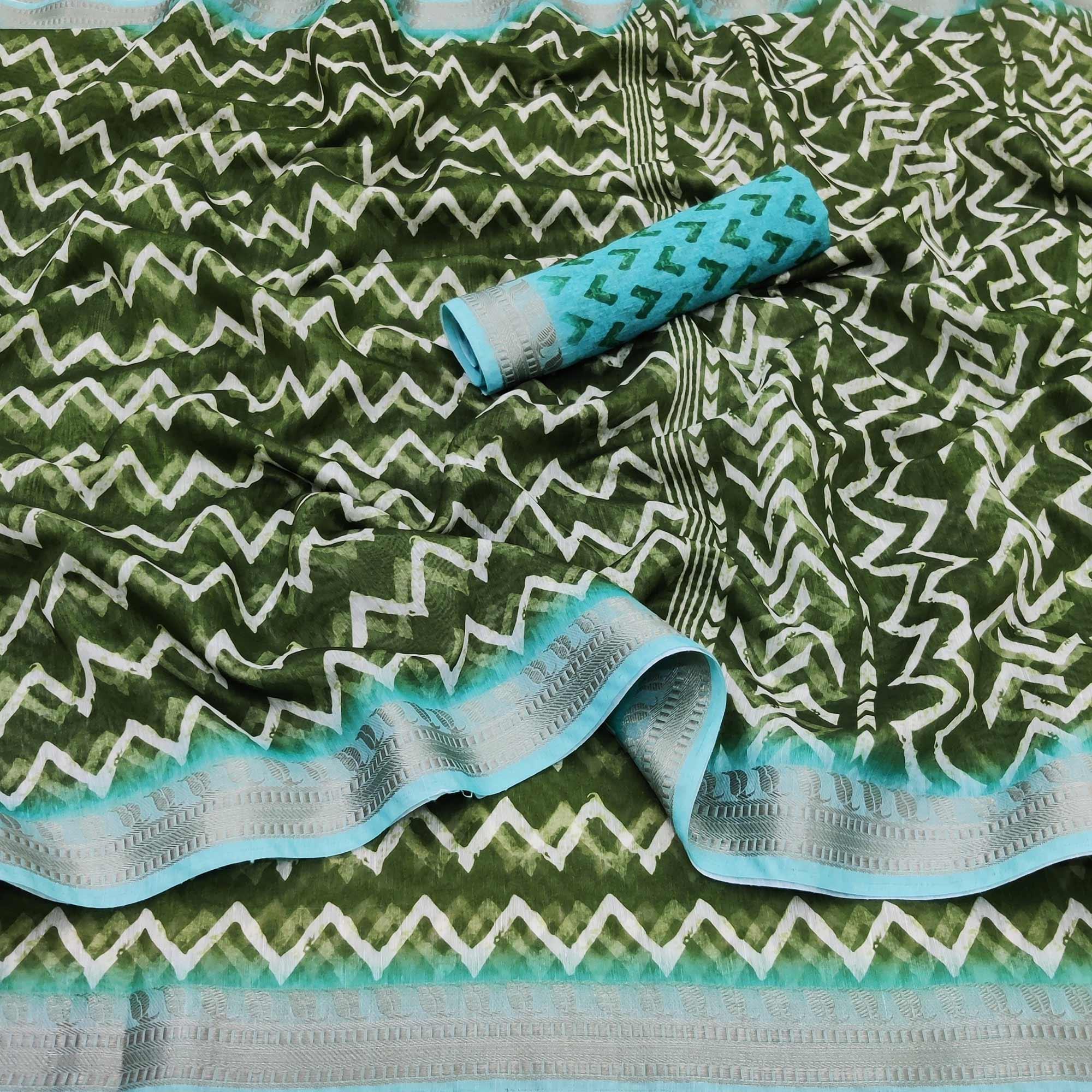 Pista Green Casual Wear Zigzag Digital Printed Linen Saree - Peachmode