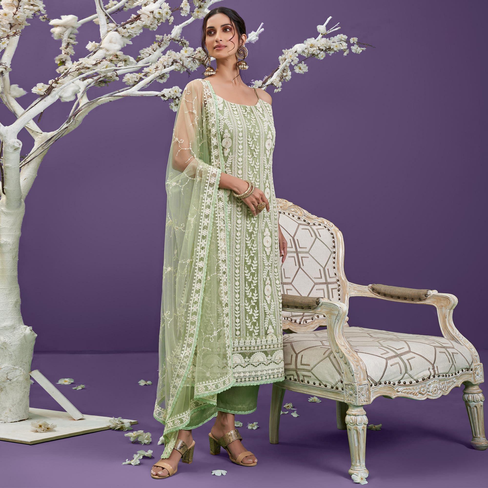 Pista Green Cotton Thread Embroidery With Sequence Net Partywear Suit - Peachmode