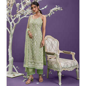 Pista Green Cotton Thread Embroidery With Sequence Net Partywear Suit - Peachmode