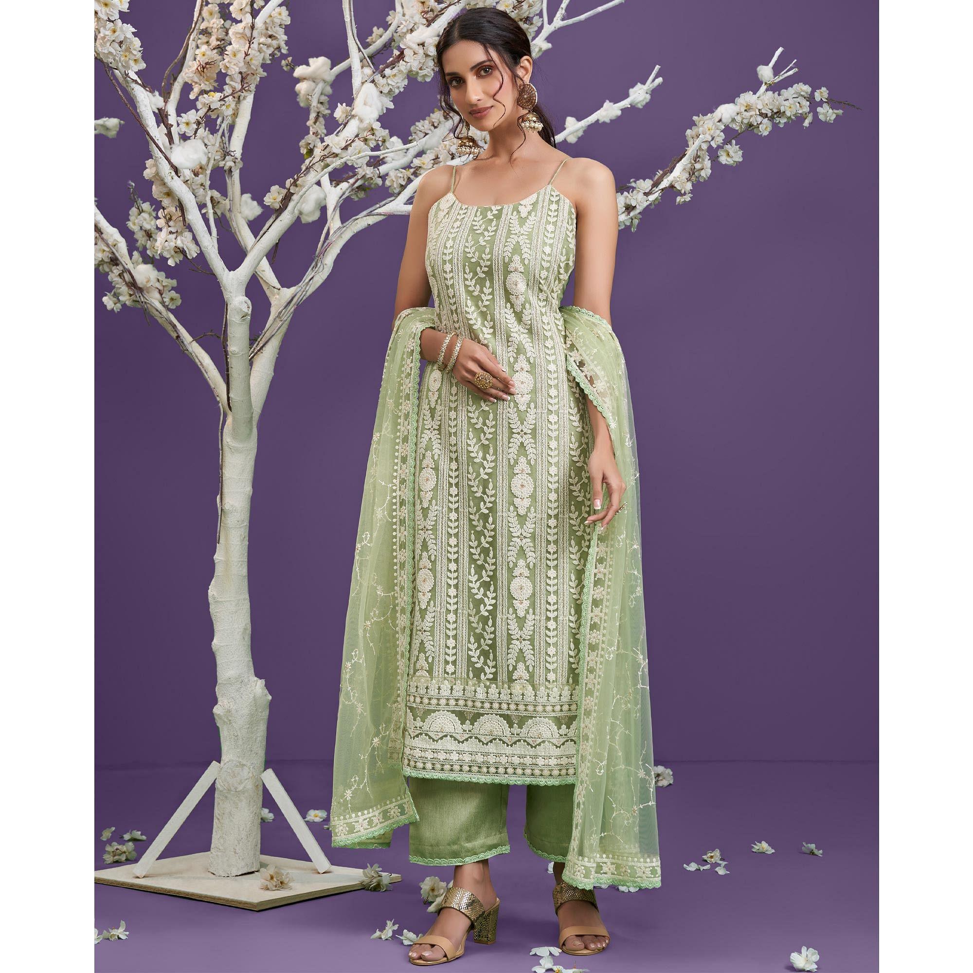 Pista Green Cotton Thread Embroidery With Sequence Net Partywear Suit - Peachmode