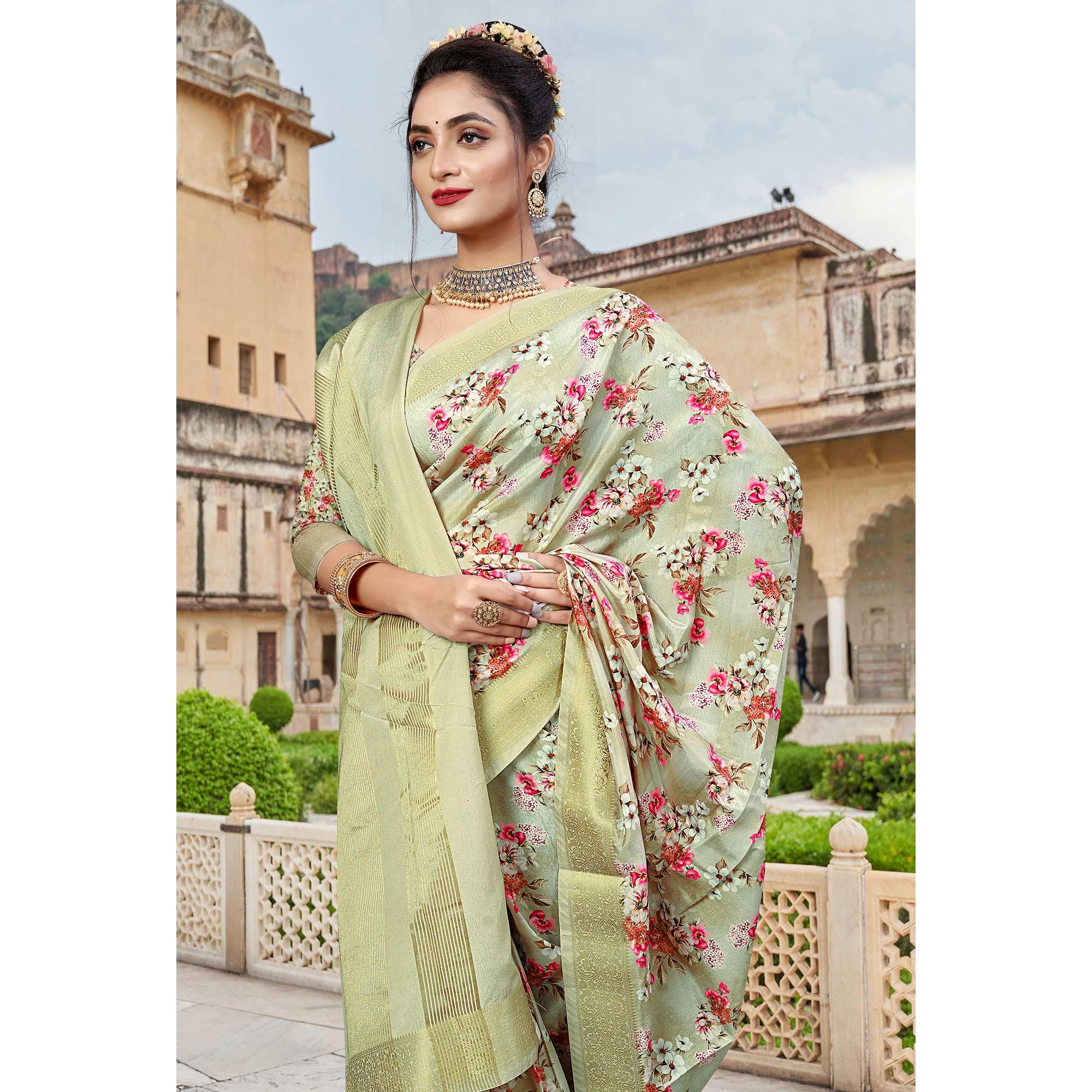 Pista Green Digital Printed Dola Silk Saree - Peachmode