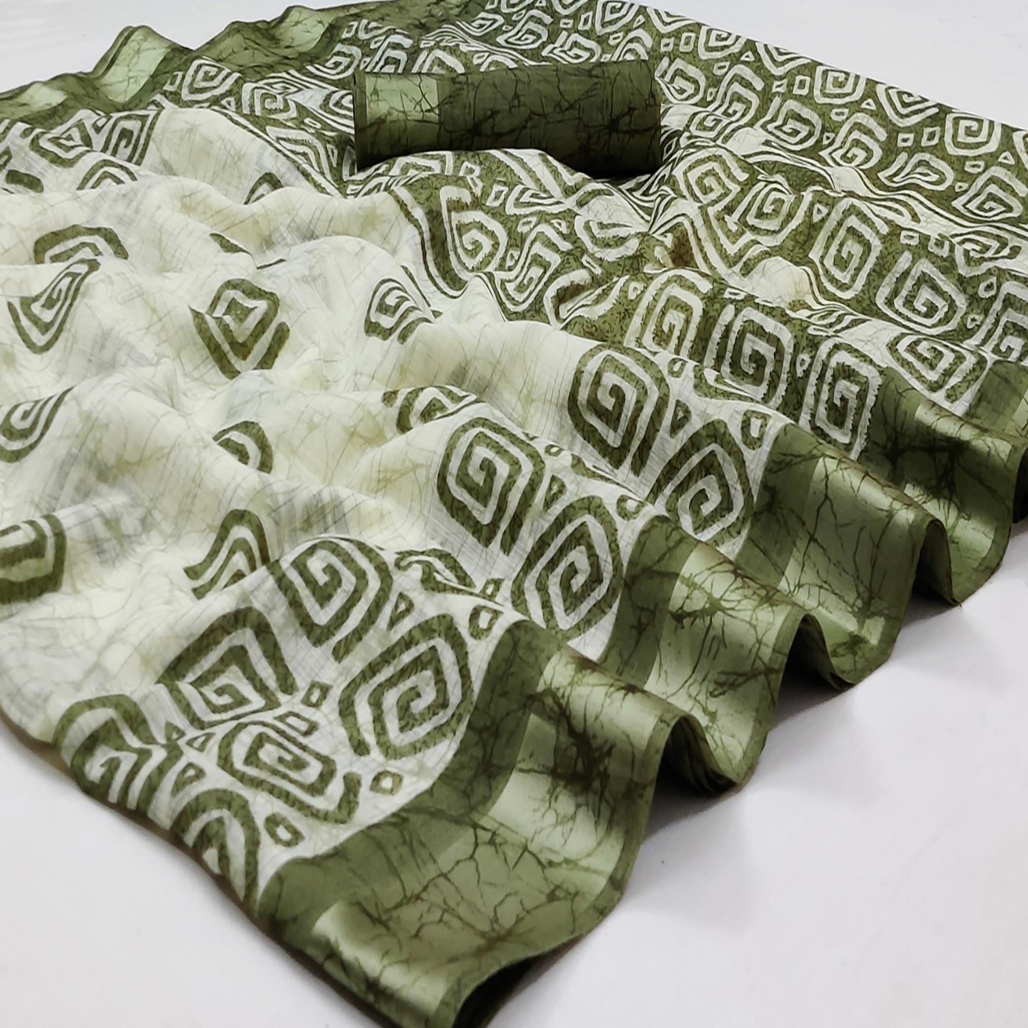 Pista Green Digital Printed Linen Saree - Peachmode