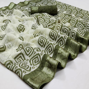 Pista Green Digital Printed Linen Saree - Peachmode