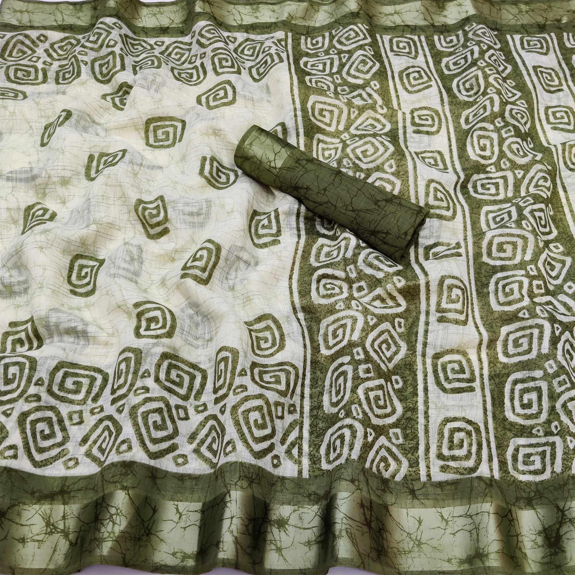 Pista Green Digital Printed Linen Saree - Peachmode