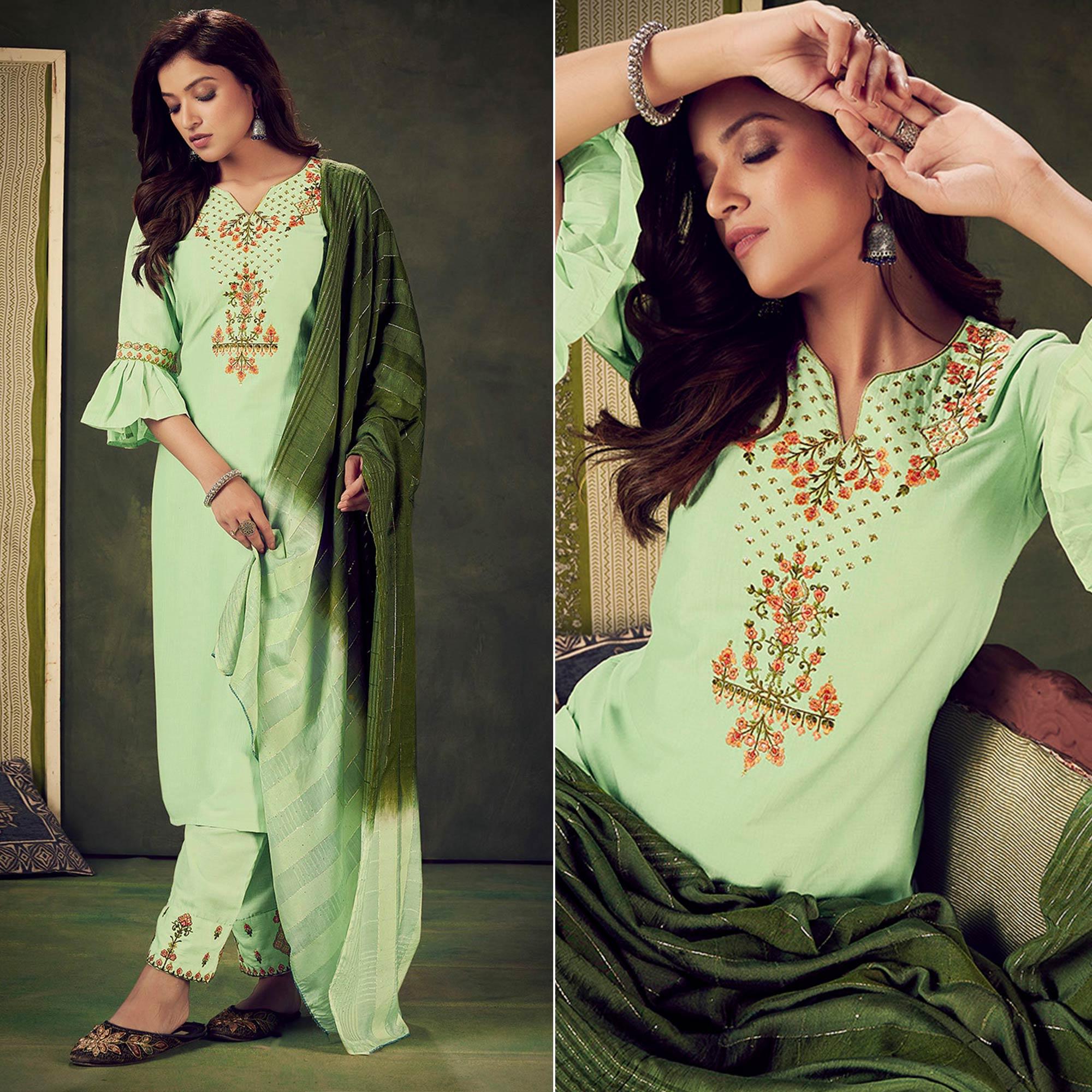 Pista Green Embellished With Embroidered Chiffon Kurti Pant Set With Dupatta - Peachmode