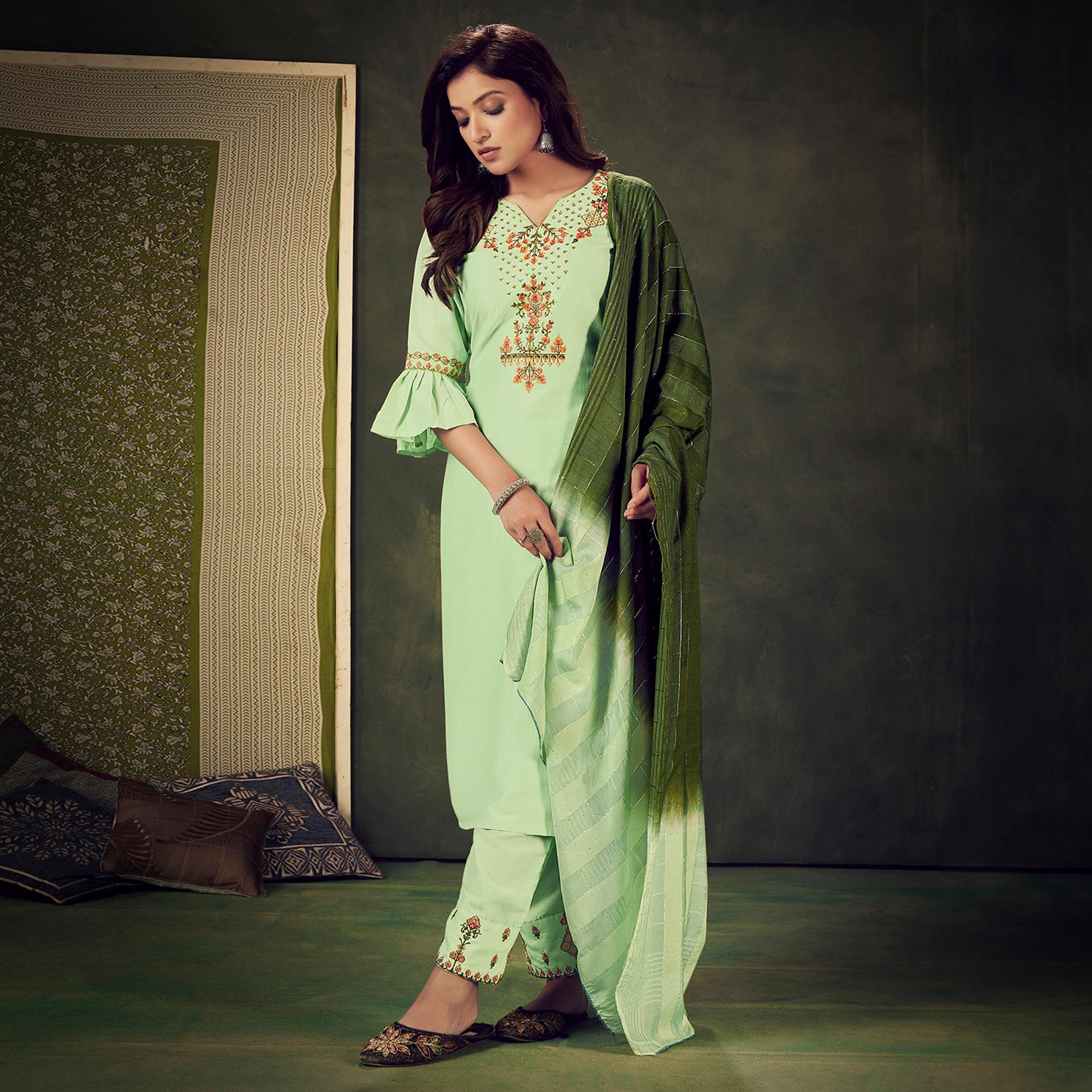 Pista Green Embellished With Embroidered Chiffon Kurti Pant Set With Dupatta - Peachmode