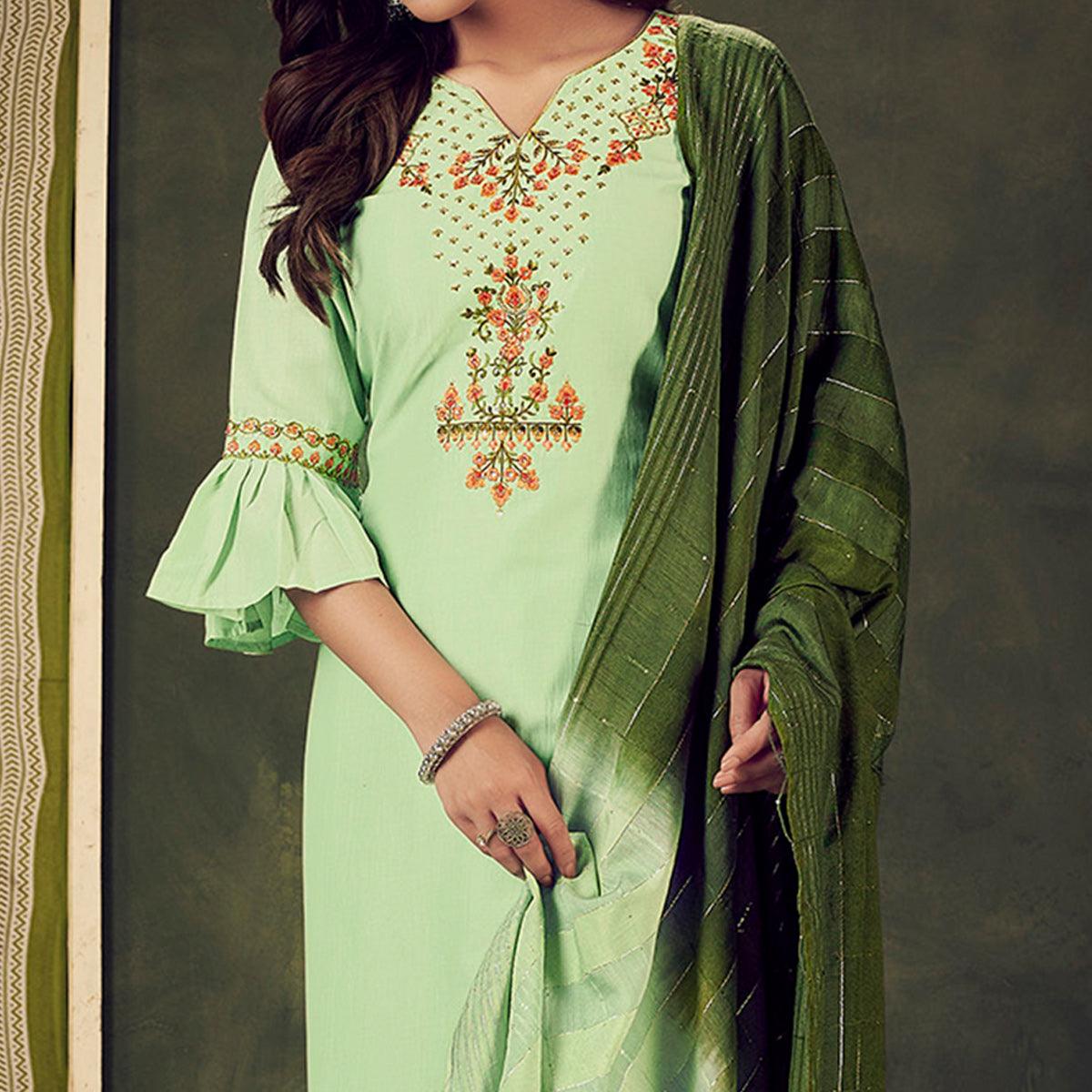 Pista Green Embellished With Embroidered Chiffon Kurti Pant Set With Dupatta - Peachmode