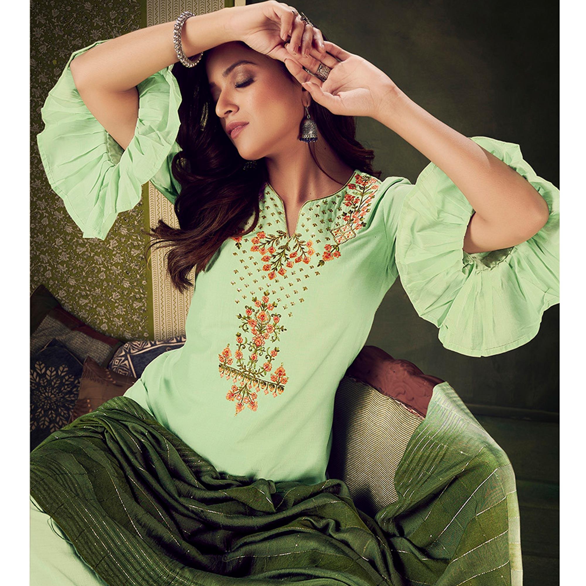 Pista Green Embellished With Embroidered Chiffon Kurti Pant Set With Dupatta - Peachmode