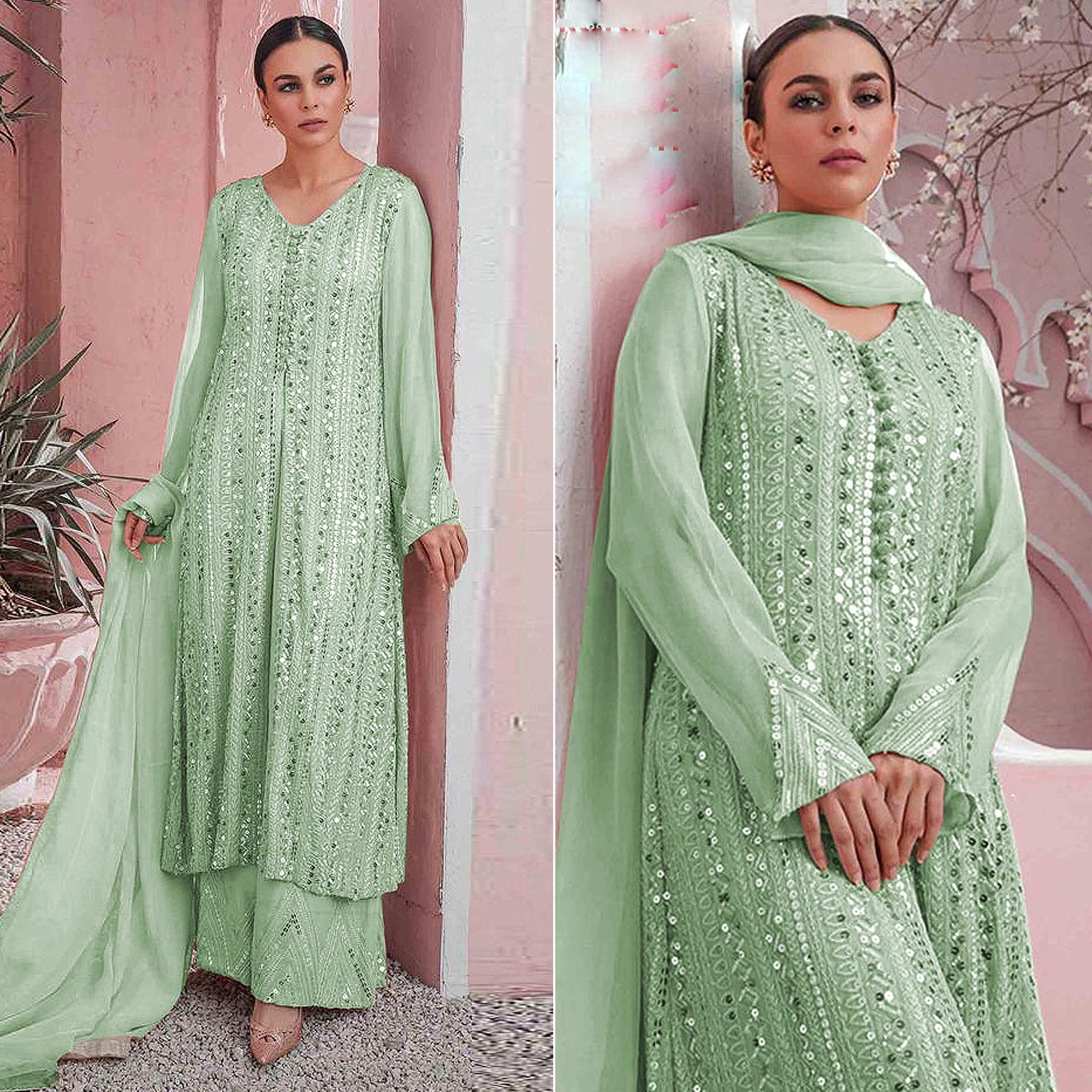 Pista Green Embellished With Embroidered Georgette Palazzo Suit - Peachmode