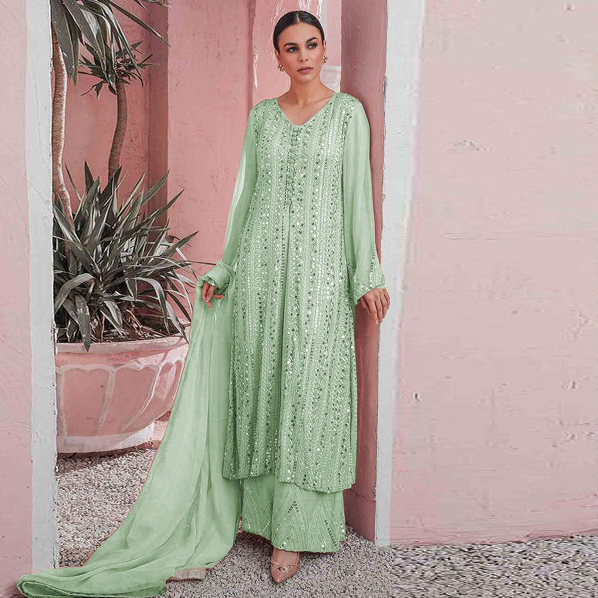 Pista Green Embellished With Embroidered Georgette Palazzo Suit - Peachmode