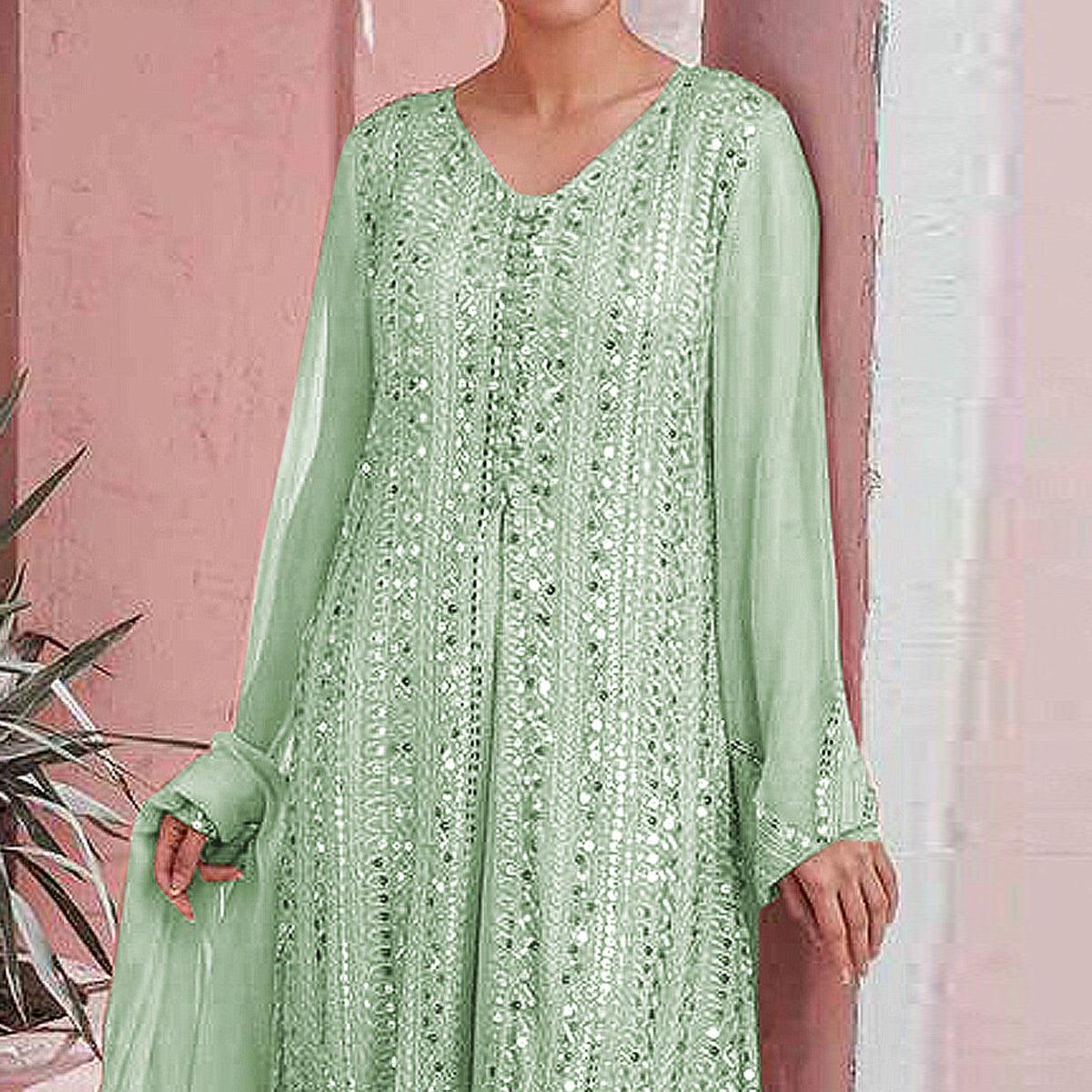 Pista Green Embellished With Embroidered Georgette Palazzo Suit - Peachmode