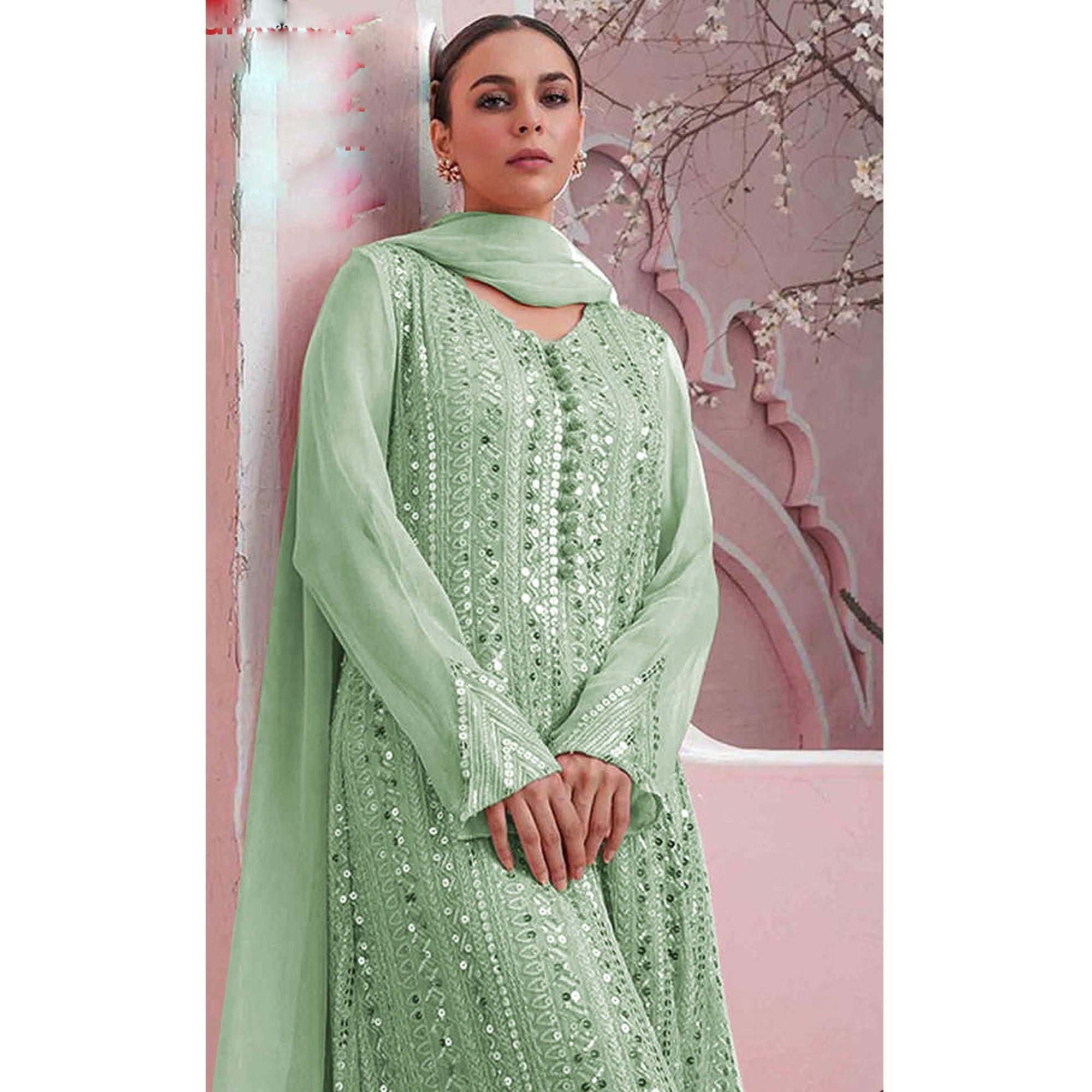 Pista Green Embellished With Embroidered Georgette Palazzo Suit - Peachmode