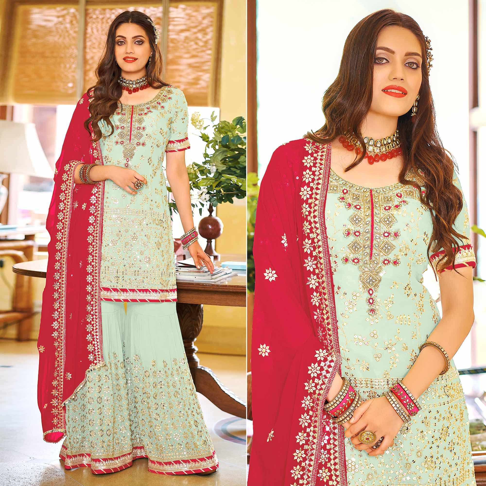Pista Green Embellished With Embroidered Georgette Sharara Suit - Peachmode
