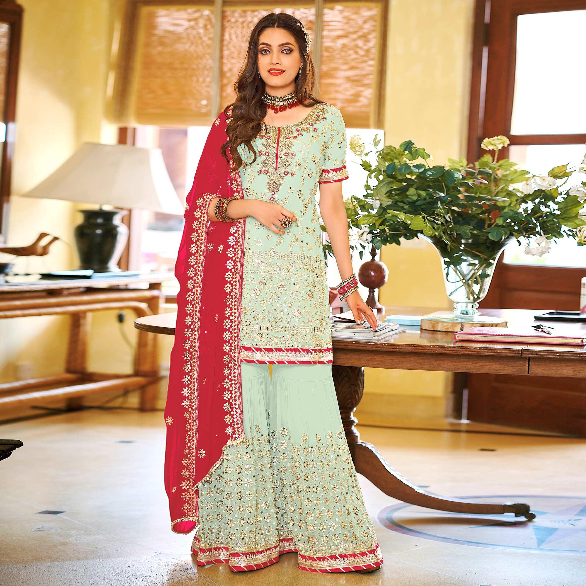 Pista Green Embellished With Embroidered Georgette Sharara Suit - Peachmode