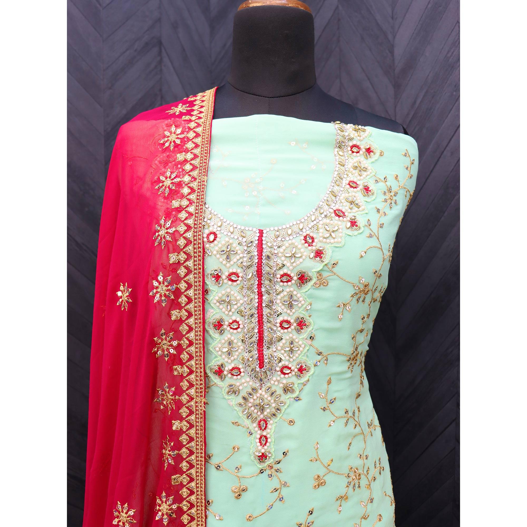 Pista Green Embellished With Embroidered Georgette Sharara Suit - Peachmode