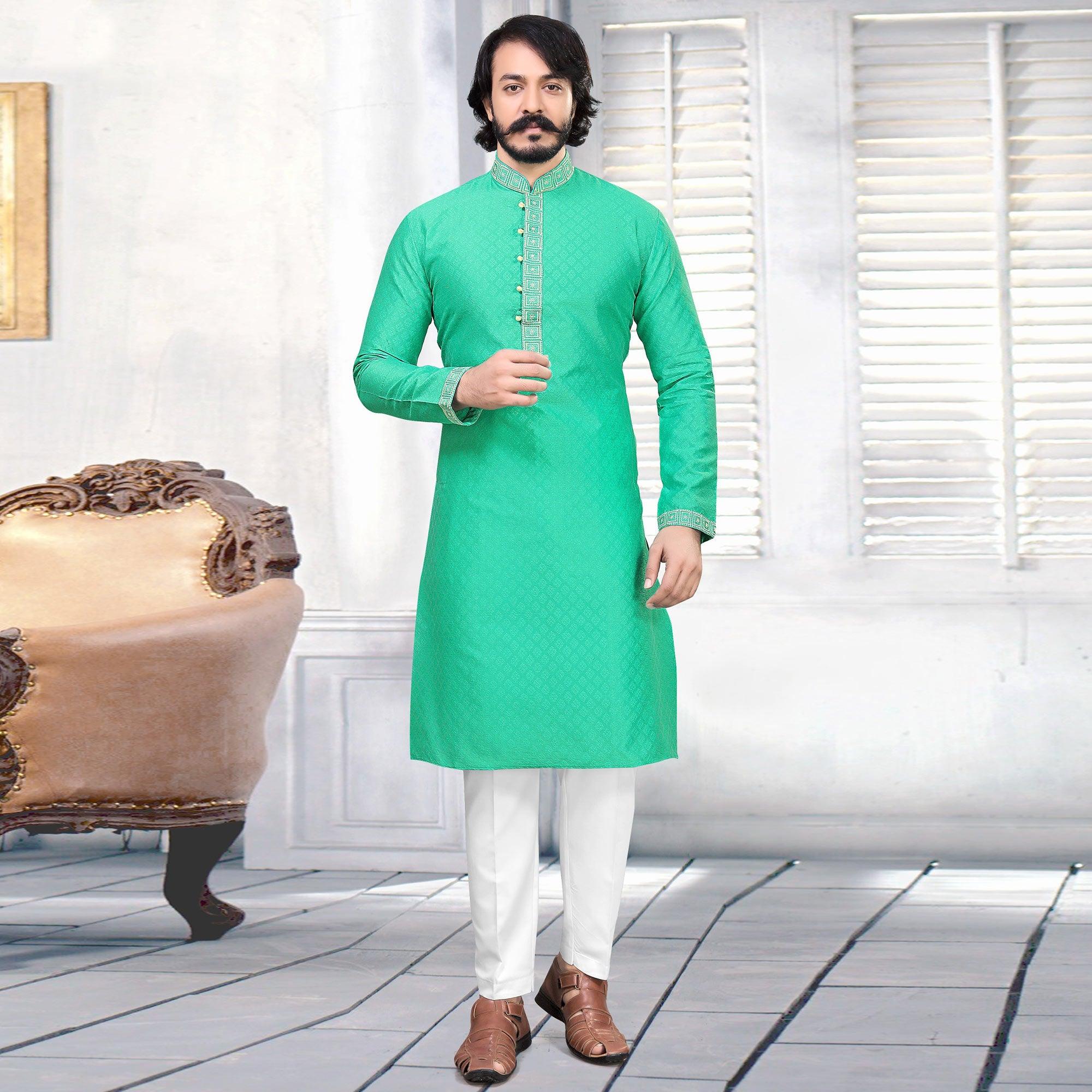 Pista Green Embroidered Art Silk Mens's Kurta Pyjama Set - Peachmode