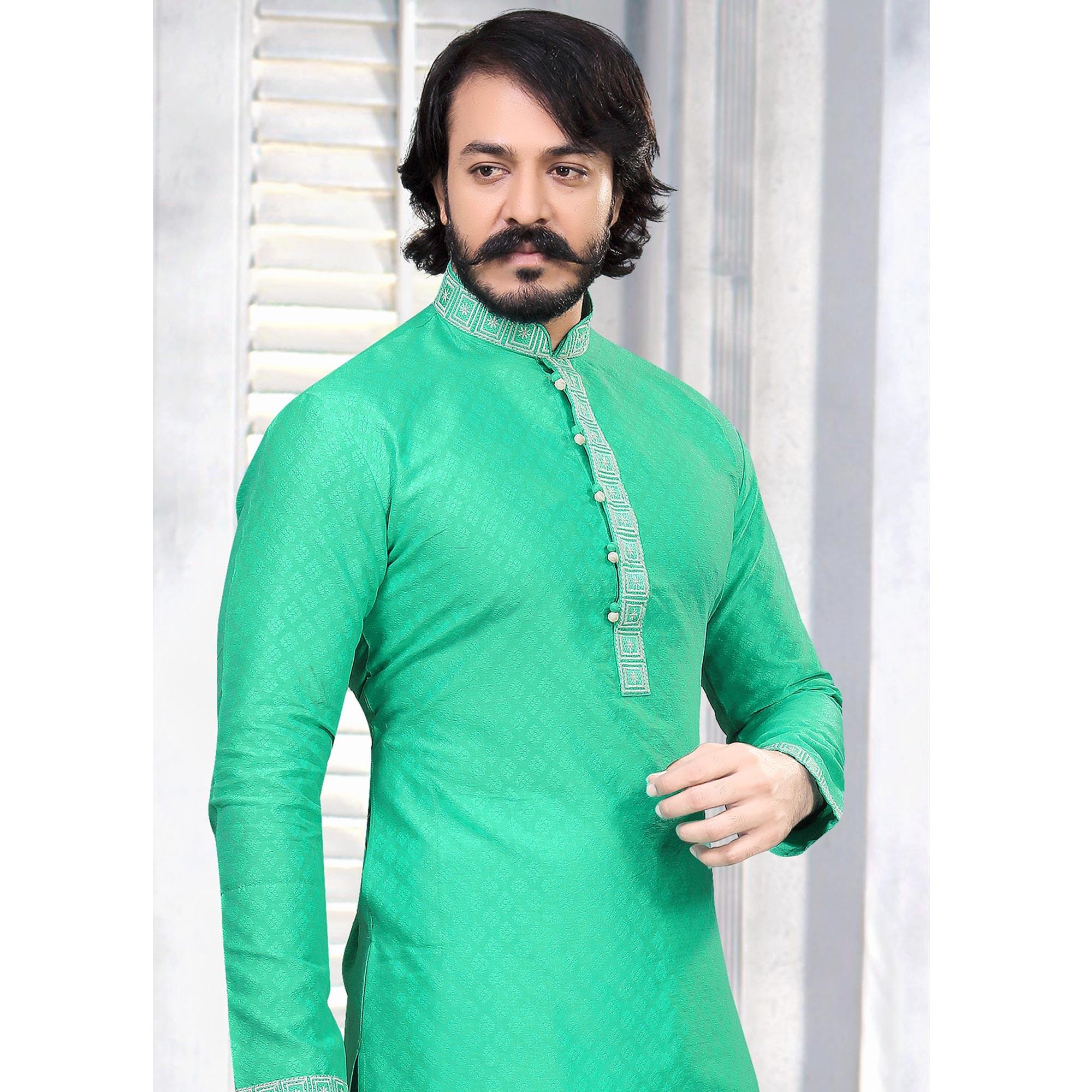 Pista Green Embroidered Art Silk Mens's Kurta Pyjama Set - Peachmode