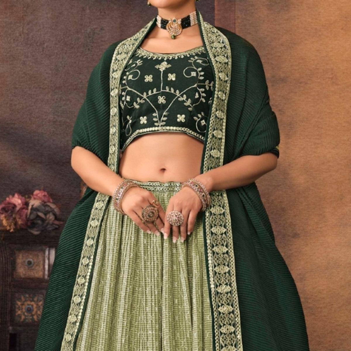 Pista Green Embroidered Chiffon Lehenga Choli - Peachmode