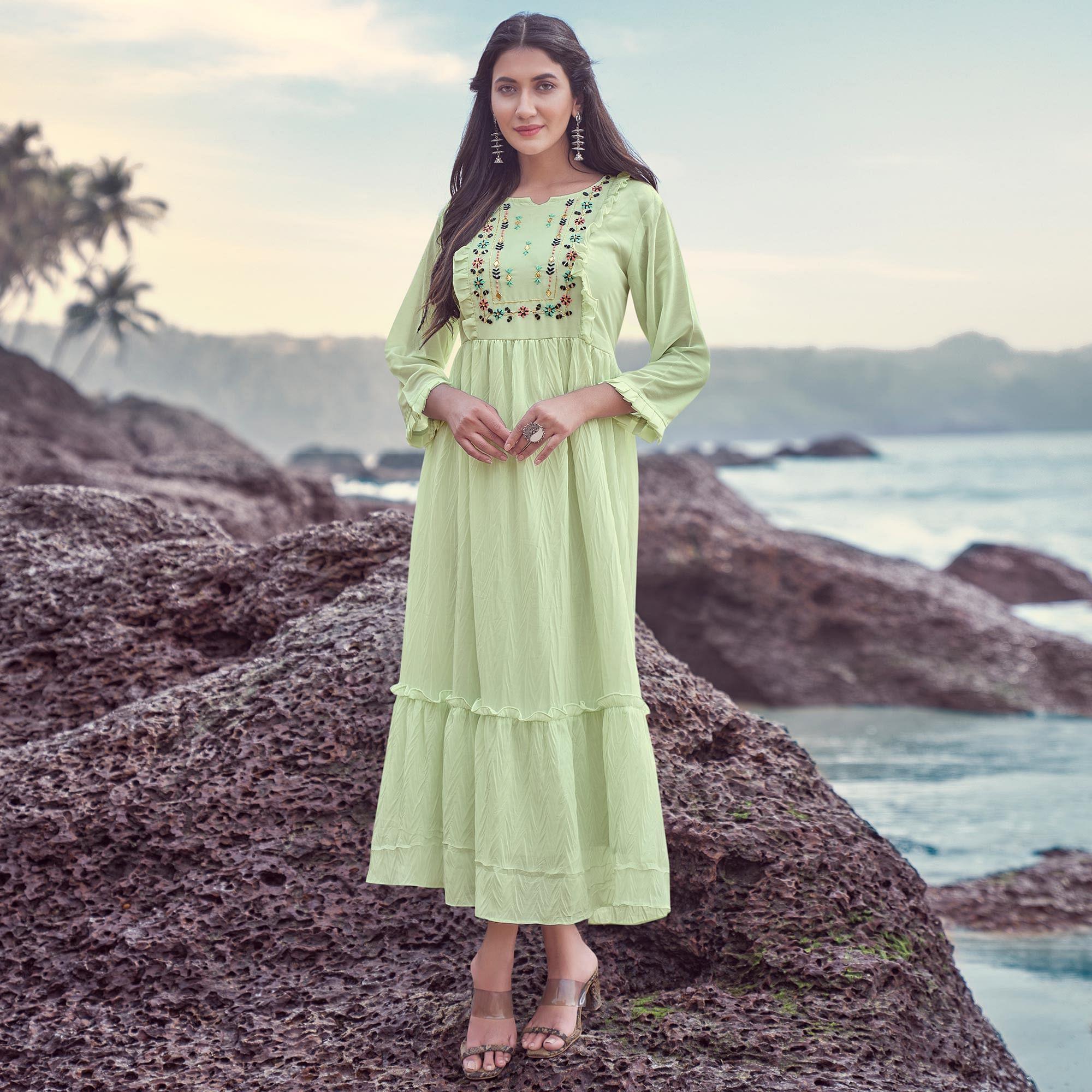 Pista Green Embroidered Georgette Dress - Peachmode