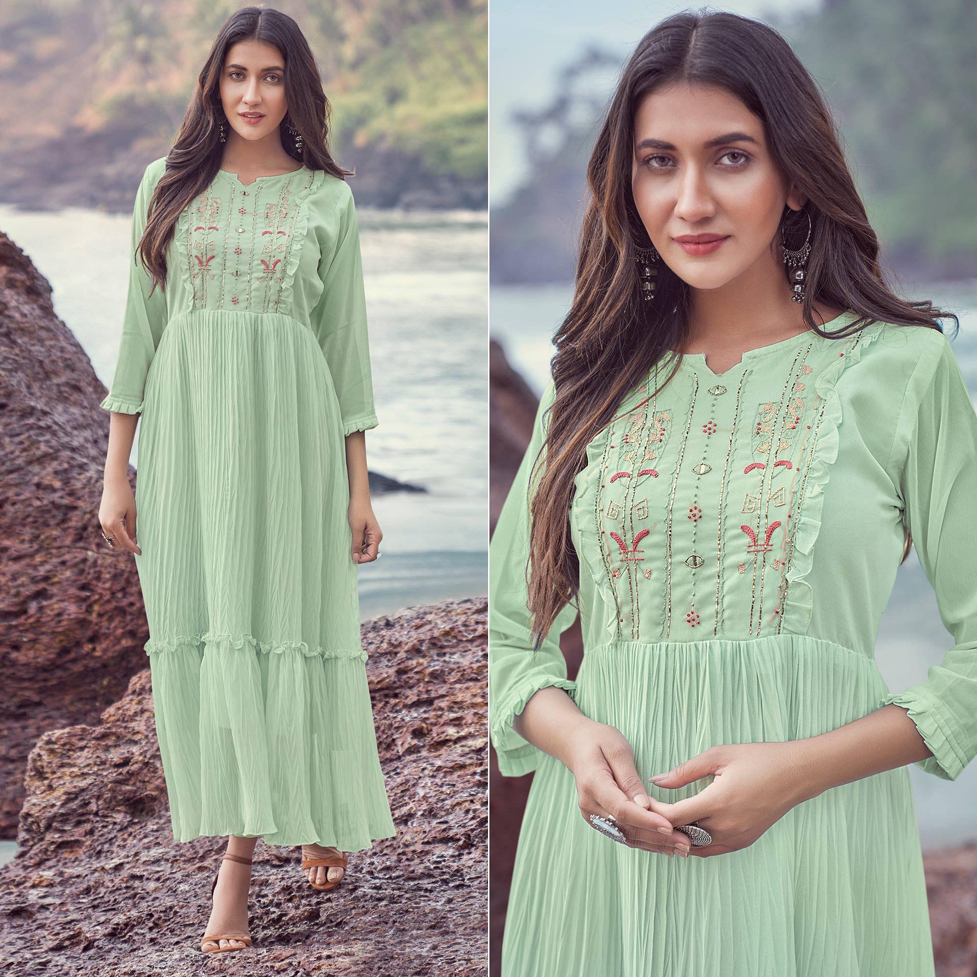 Pista Green Embroidered Georgette Dress - Peachmode