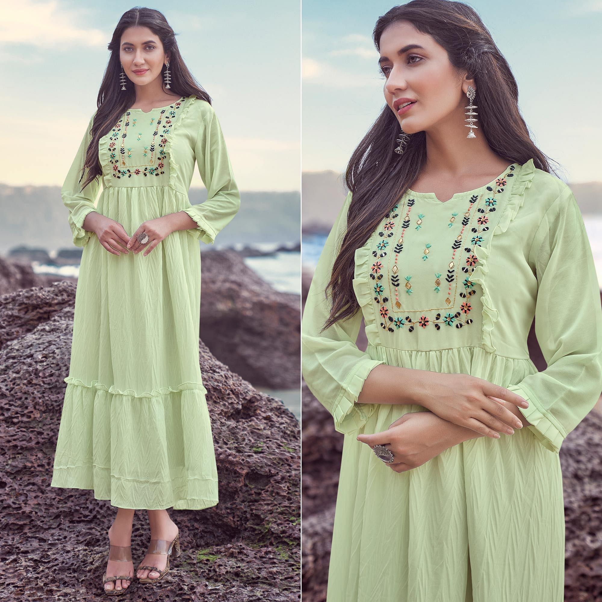 Pista Green Embroidered Georgette Dress - Peachmode