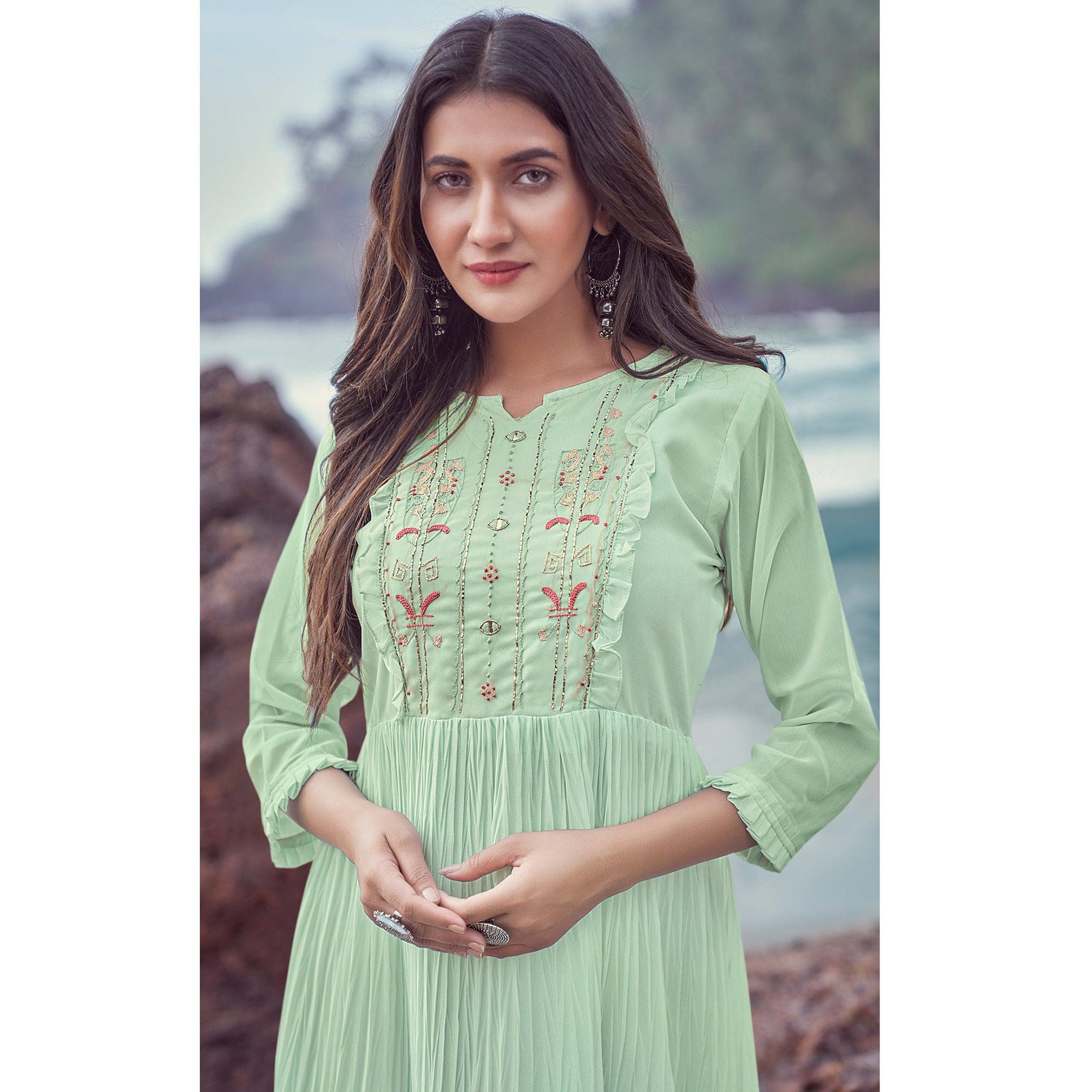 Pista Green Embroidered Georgette Dress - Peachmode