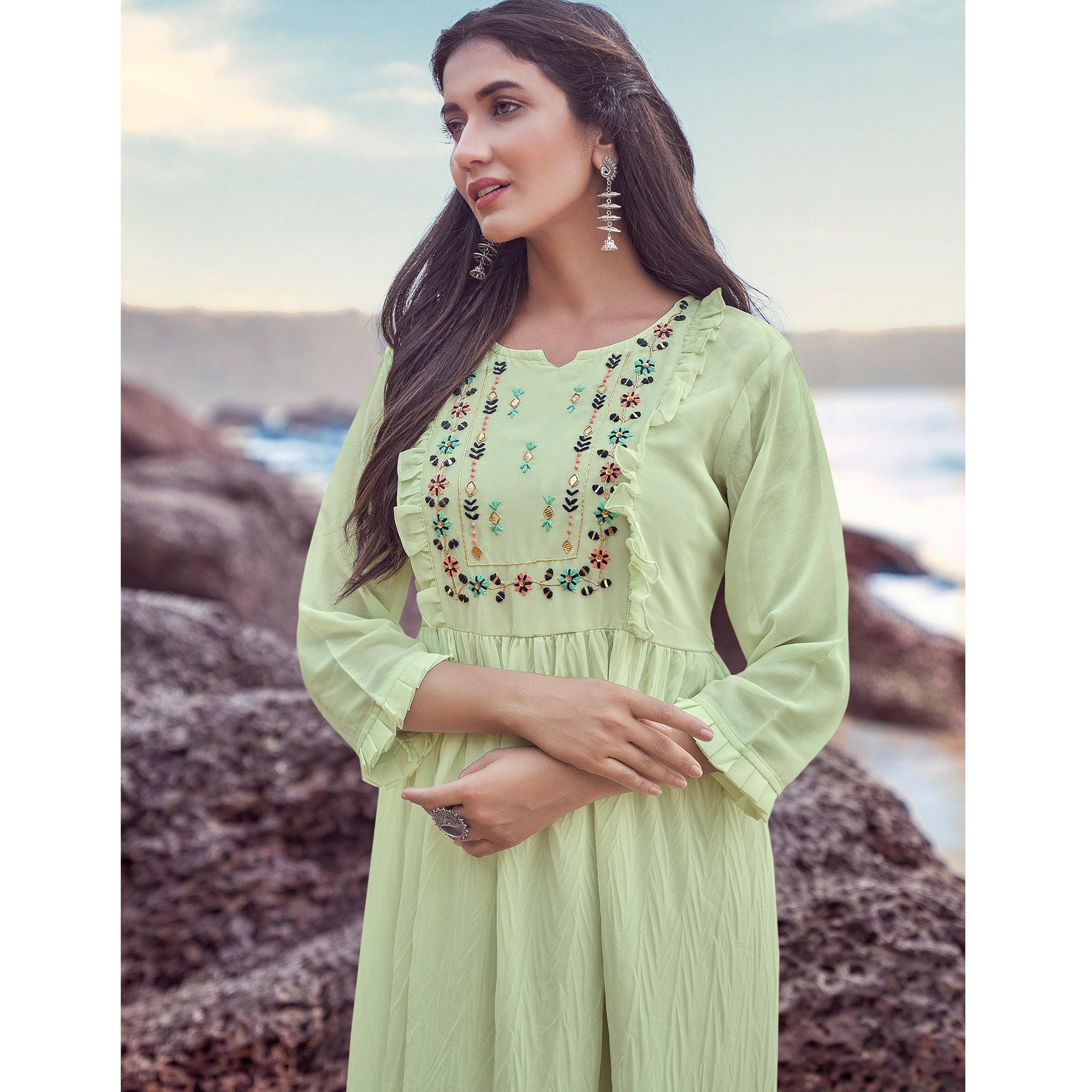 Pista Green Embroidered Georgette Dress - Peachmode