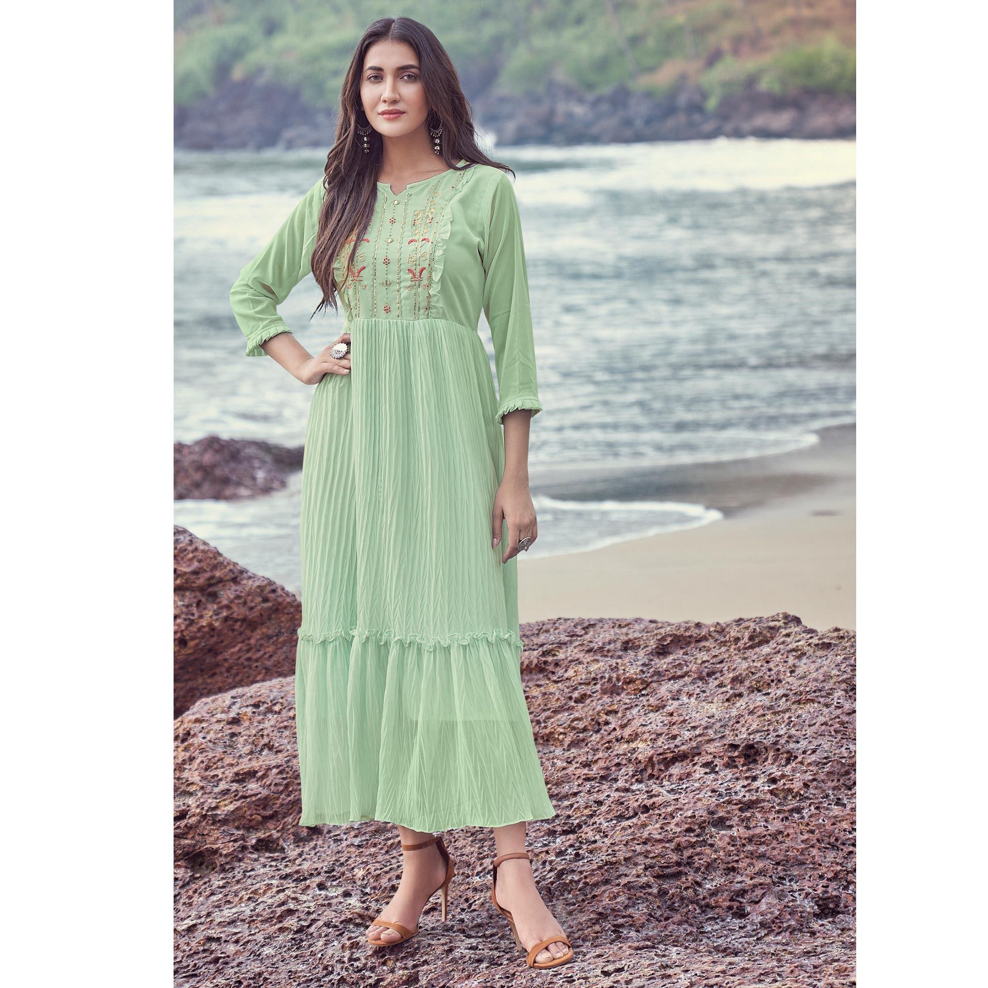 Pista Green Embroidered Georgette Dress - Peachmode