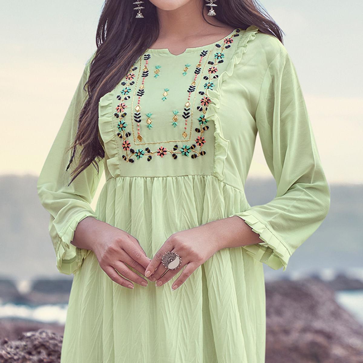 Pista Green Embroidered Georgette Dress - Peachmode