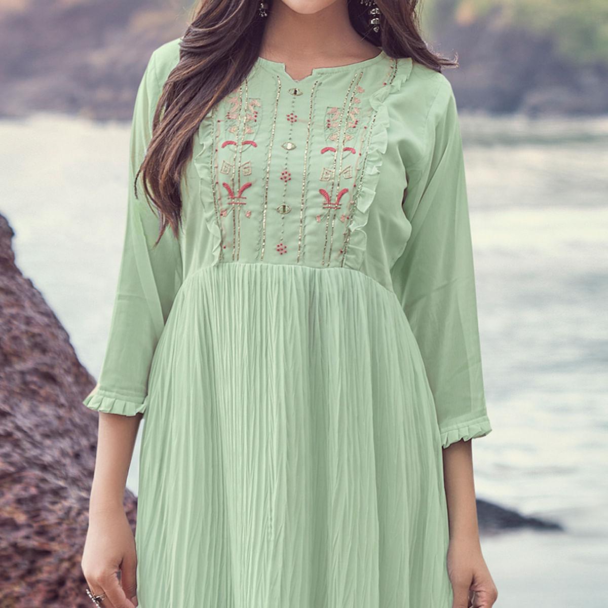 Pista Green Embroidered Georgette Dress - Peachmode