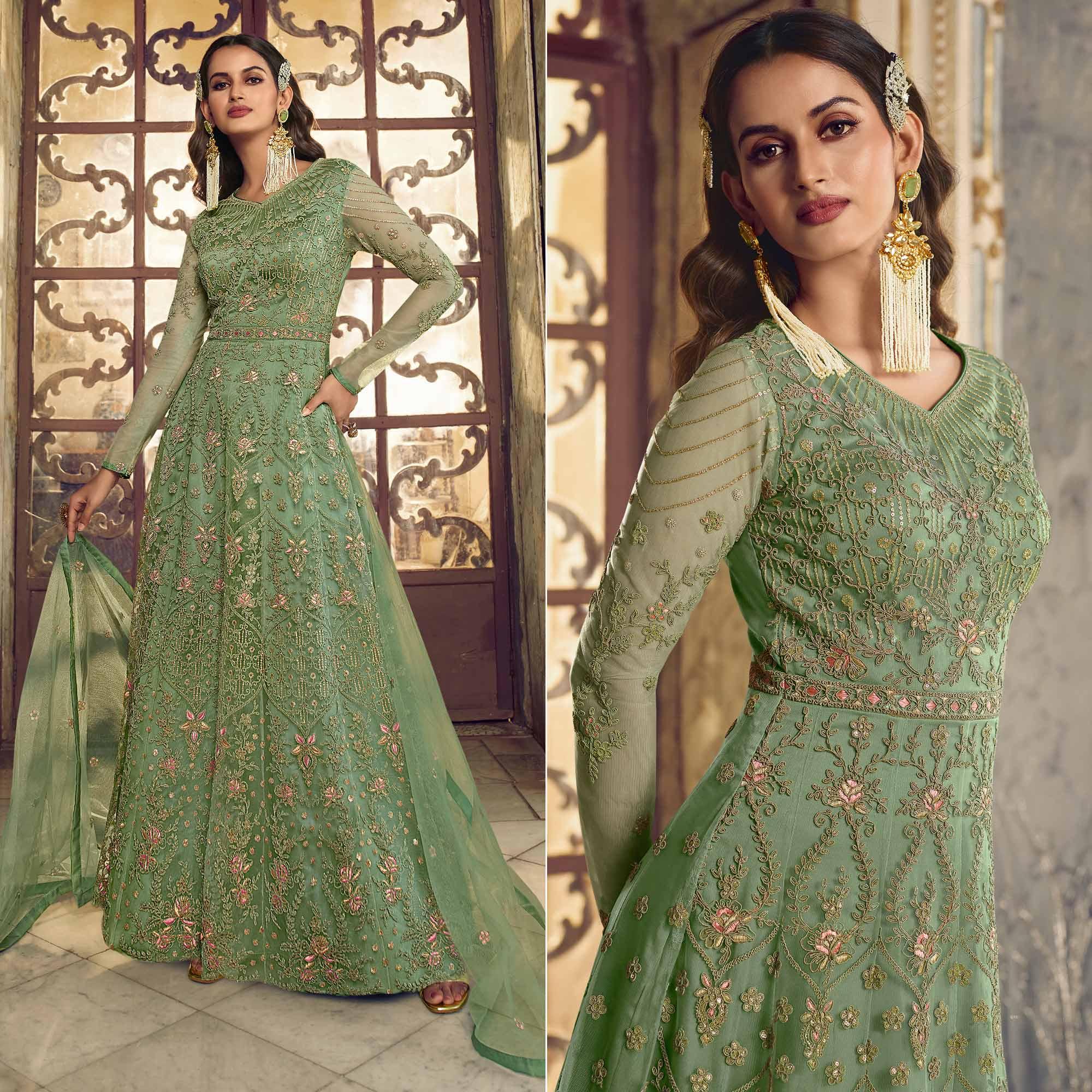 Pista Green Embroidered Netted Anarkali Style Gown - Peachmode