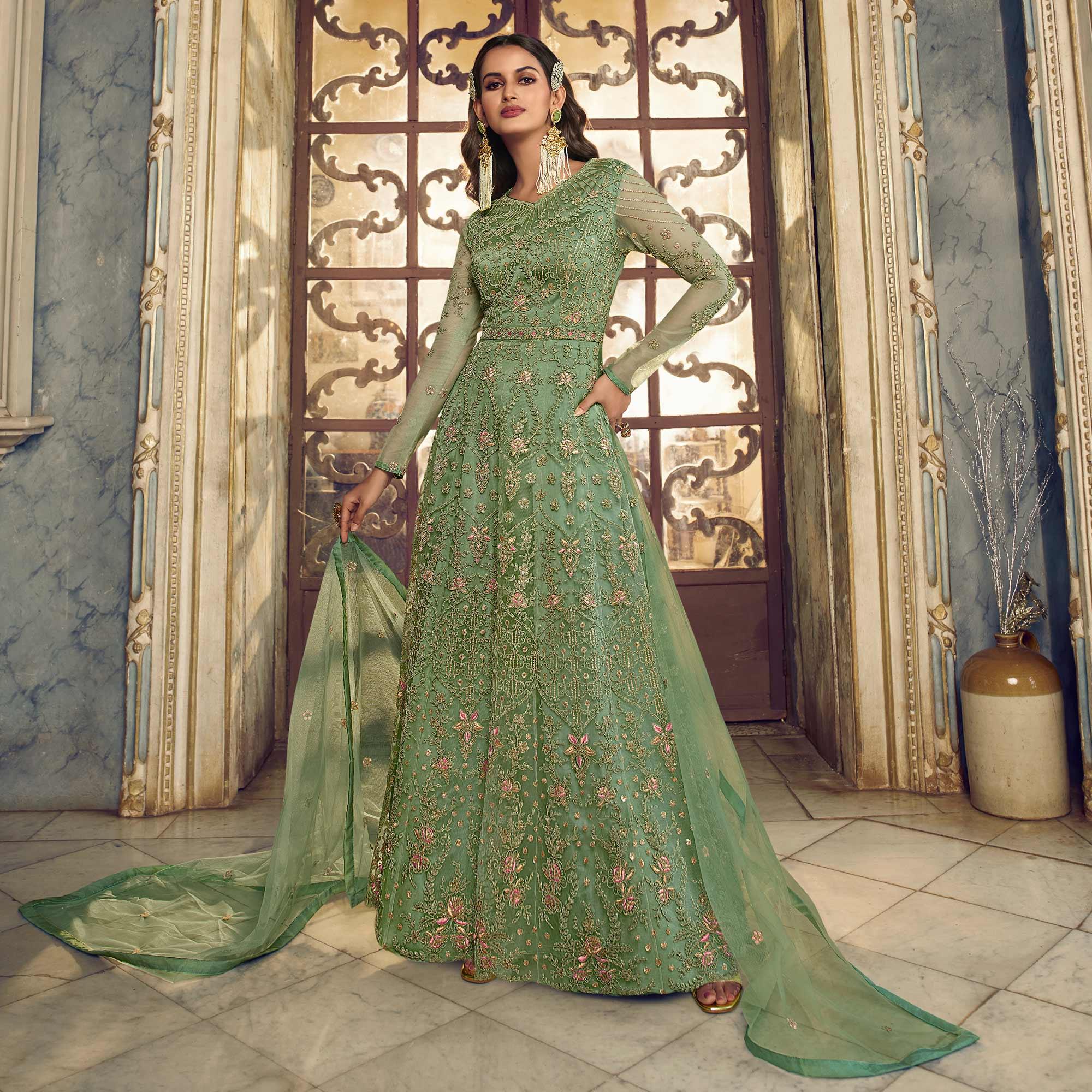 Pista Green Embroidered Netted Anarkali Style Gown - Peachmode