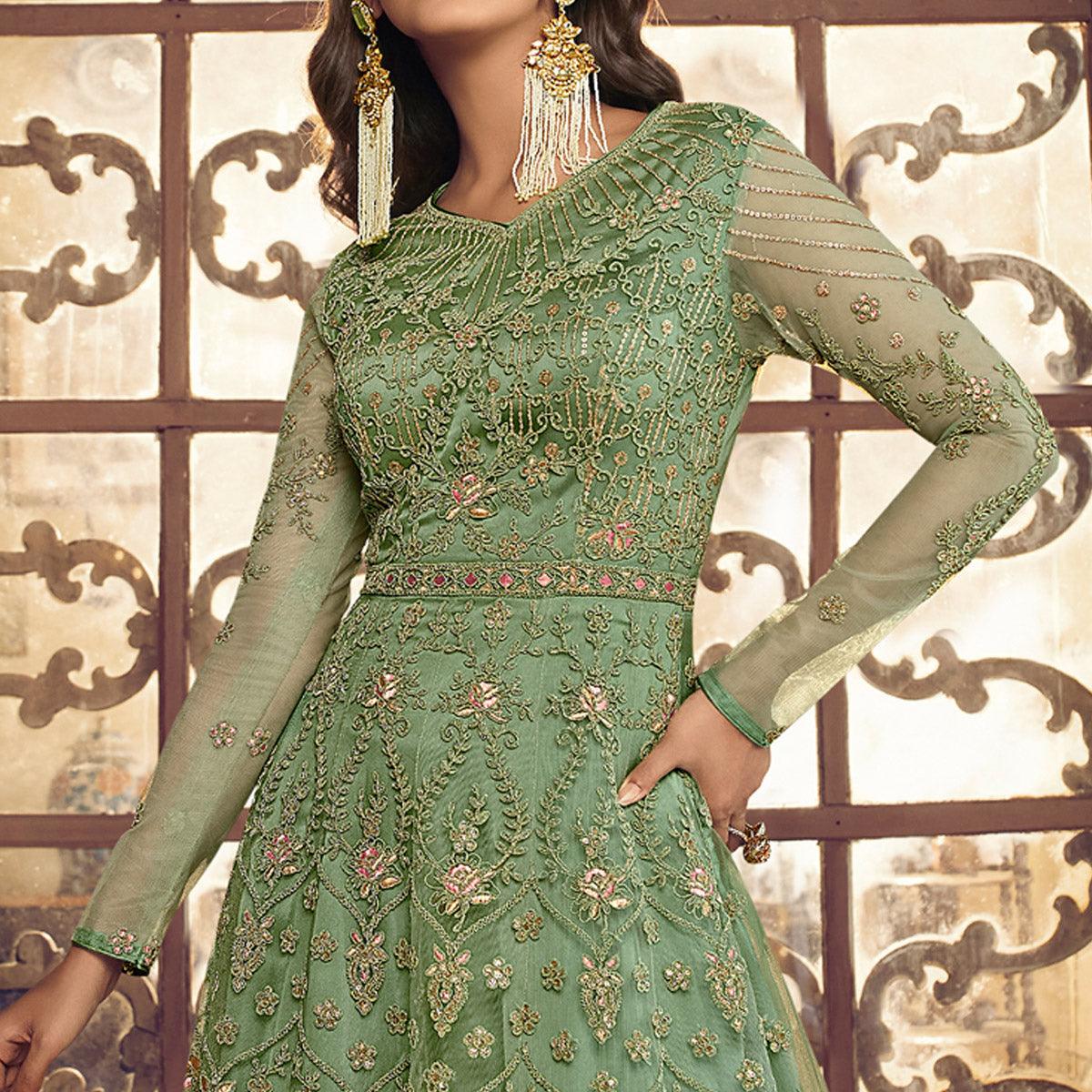 Pista Green Embroidered Netted Anarkali Style Gown - Peachmode