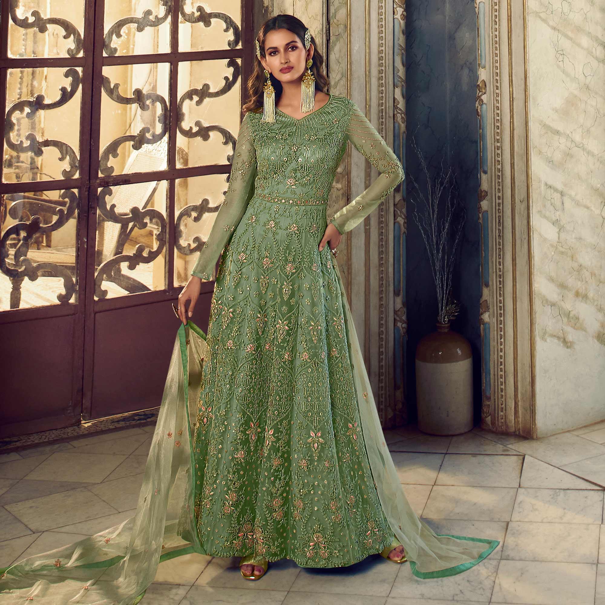 Pista Green Embroidered Netted Anarkali Style Gown - Peachmode