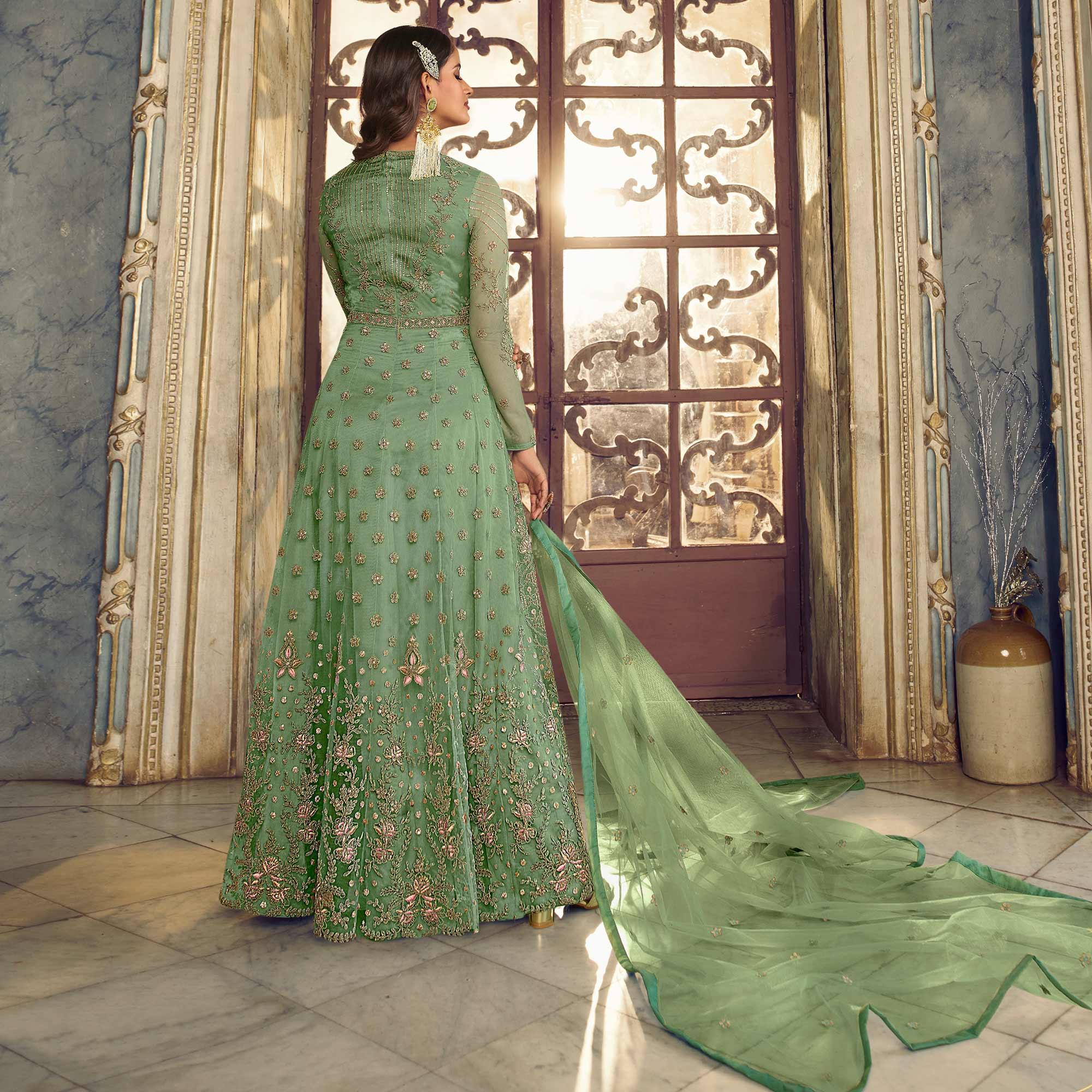 Pista Green Embroidered Netted Anarkali Style Gown - Peachmode