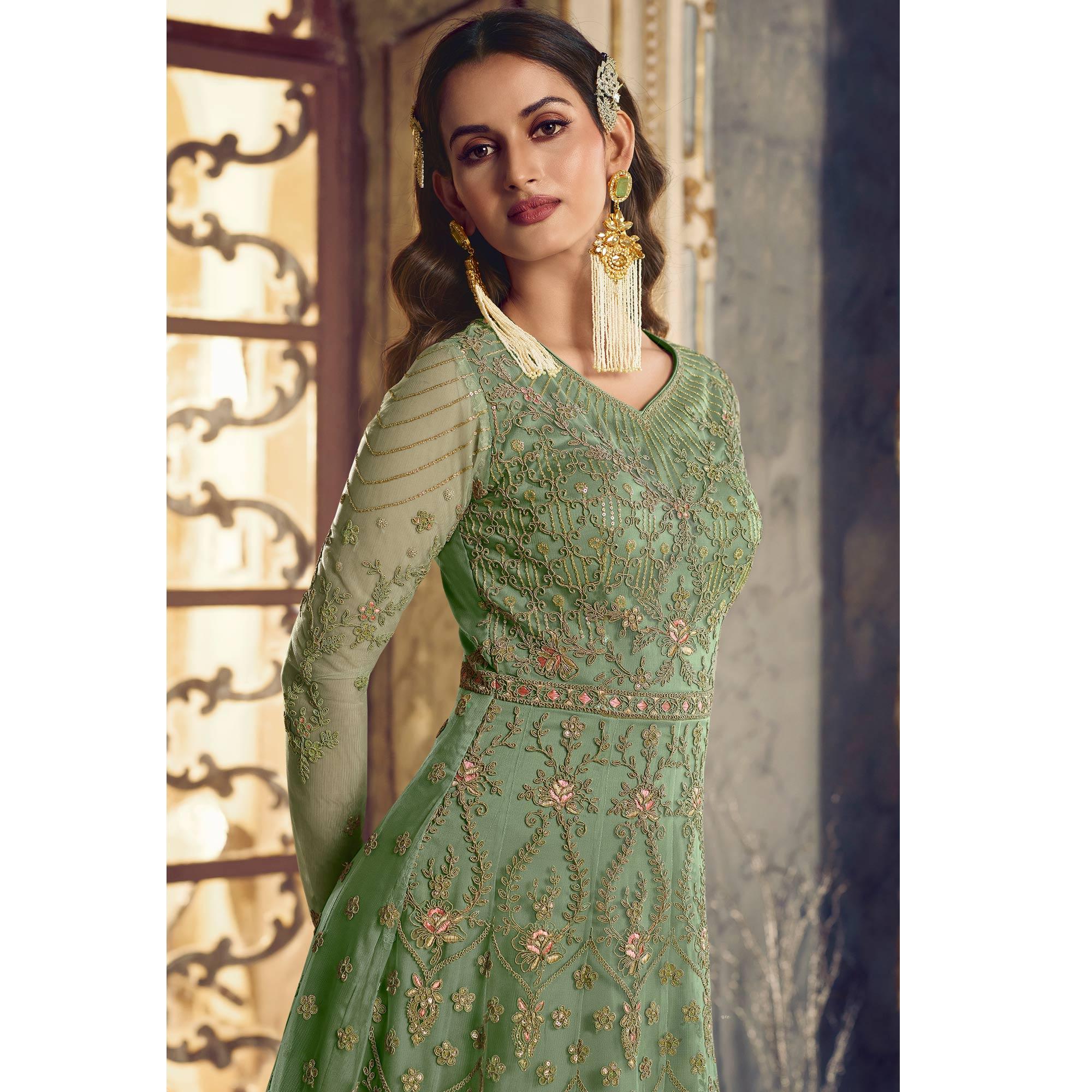 Pista Green Embroidered Netted Anarkali Style Gown - Peachmode