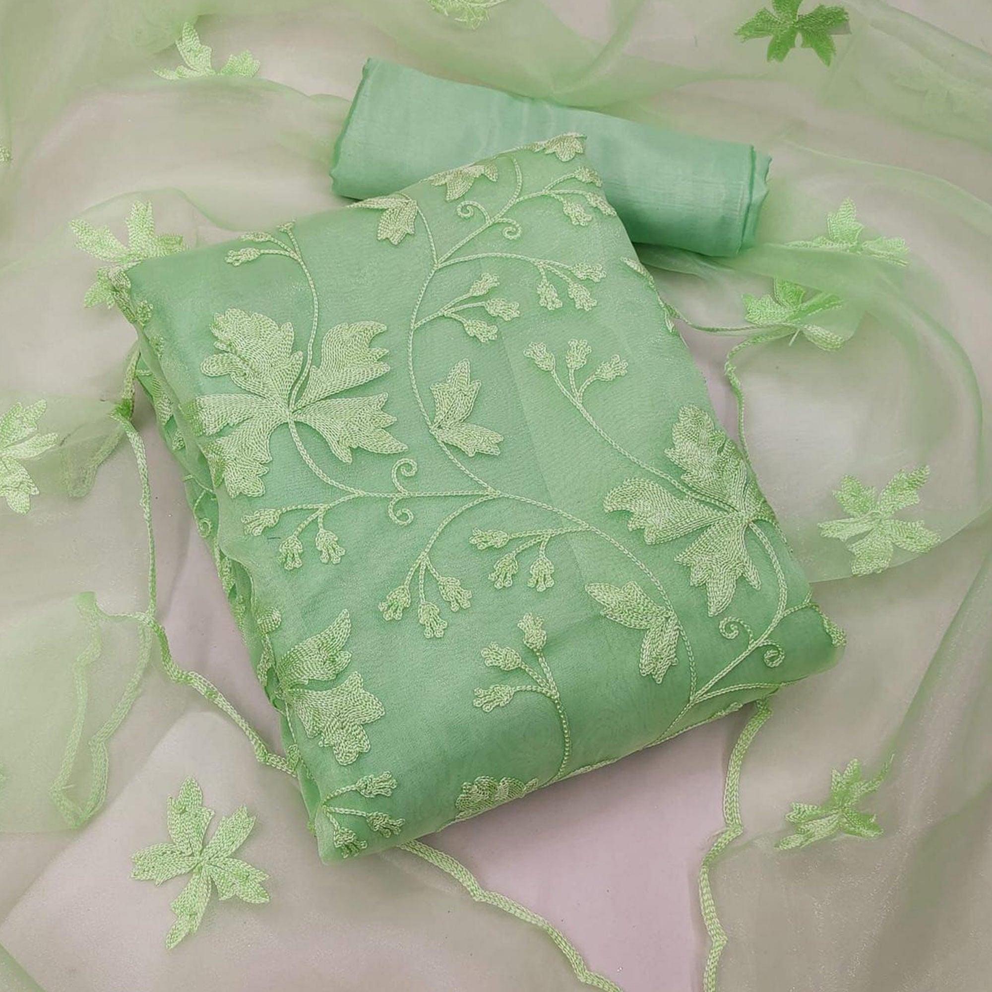 Pista Green Embroidered Organza Dress Material - Peachmode