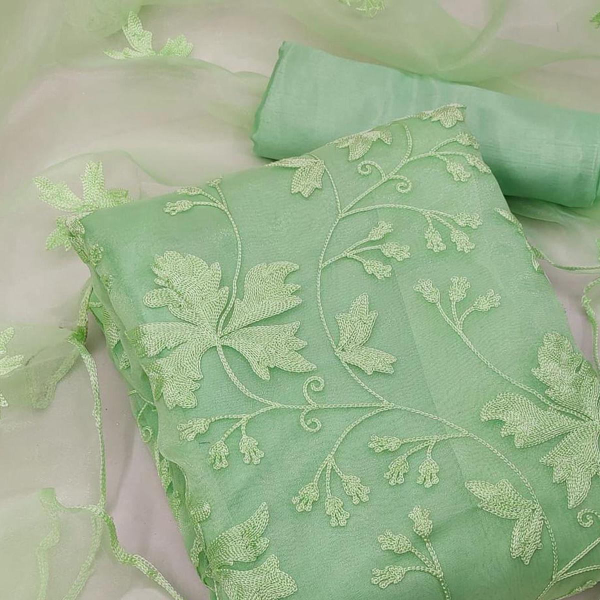 Pista Green Embroidered Organza Dress Material - Peachmode